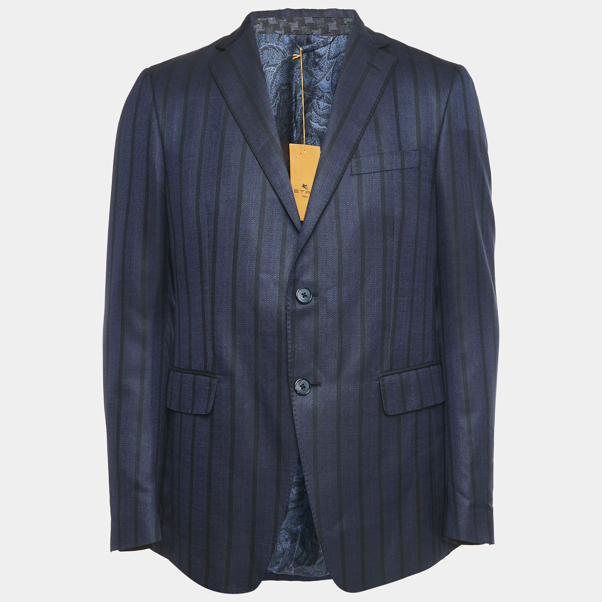 Etro Navy Blue Stripe Wool Blend Single Breasted Blazer L
