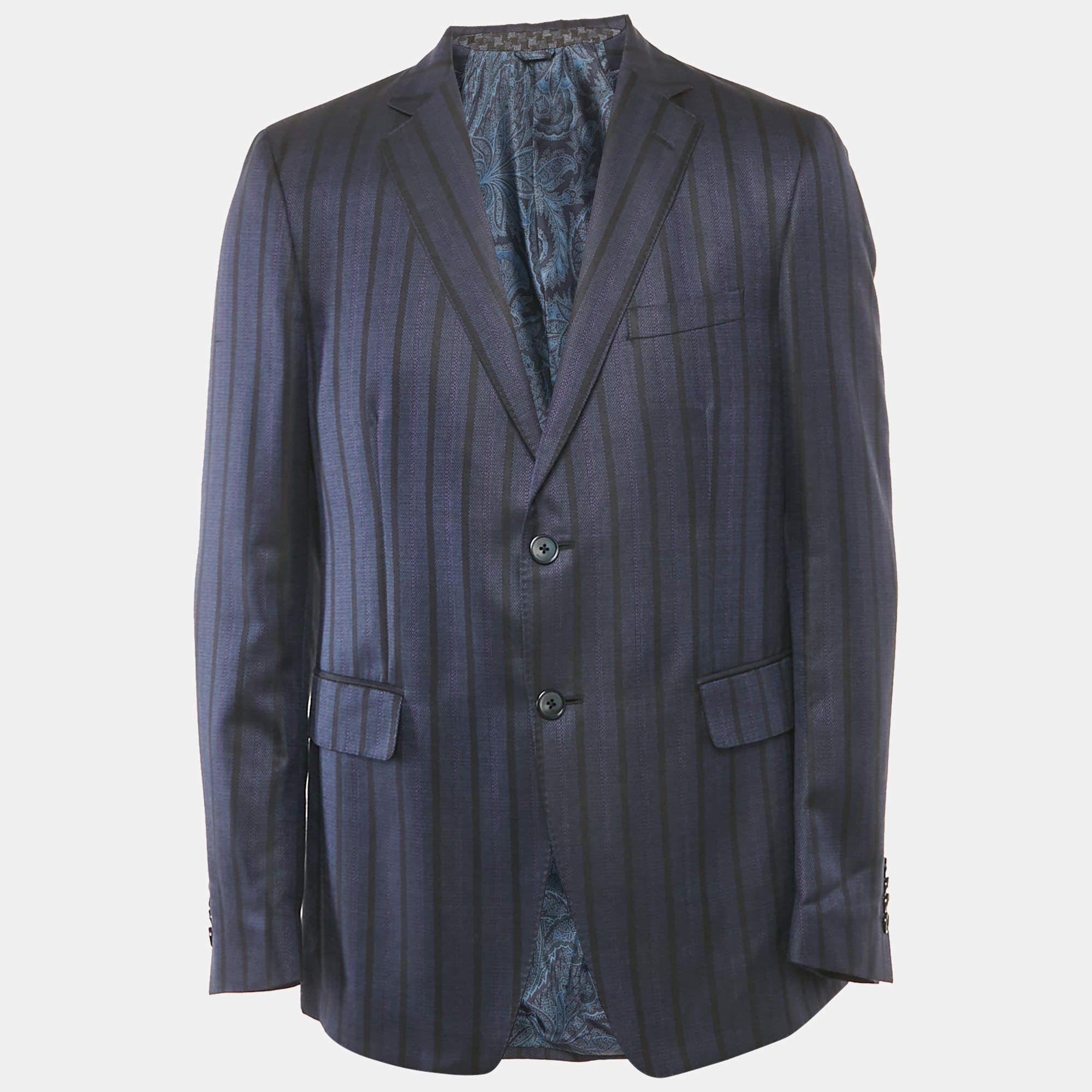 Etro Blue Striped Silk Blend Single Breasted Blazer XL