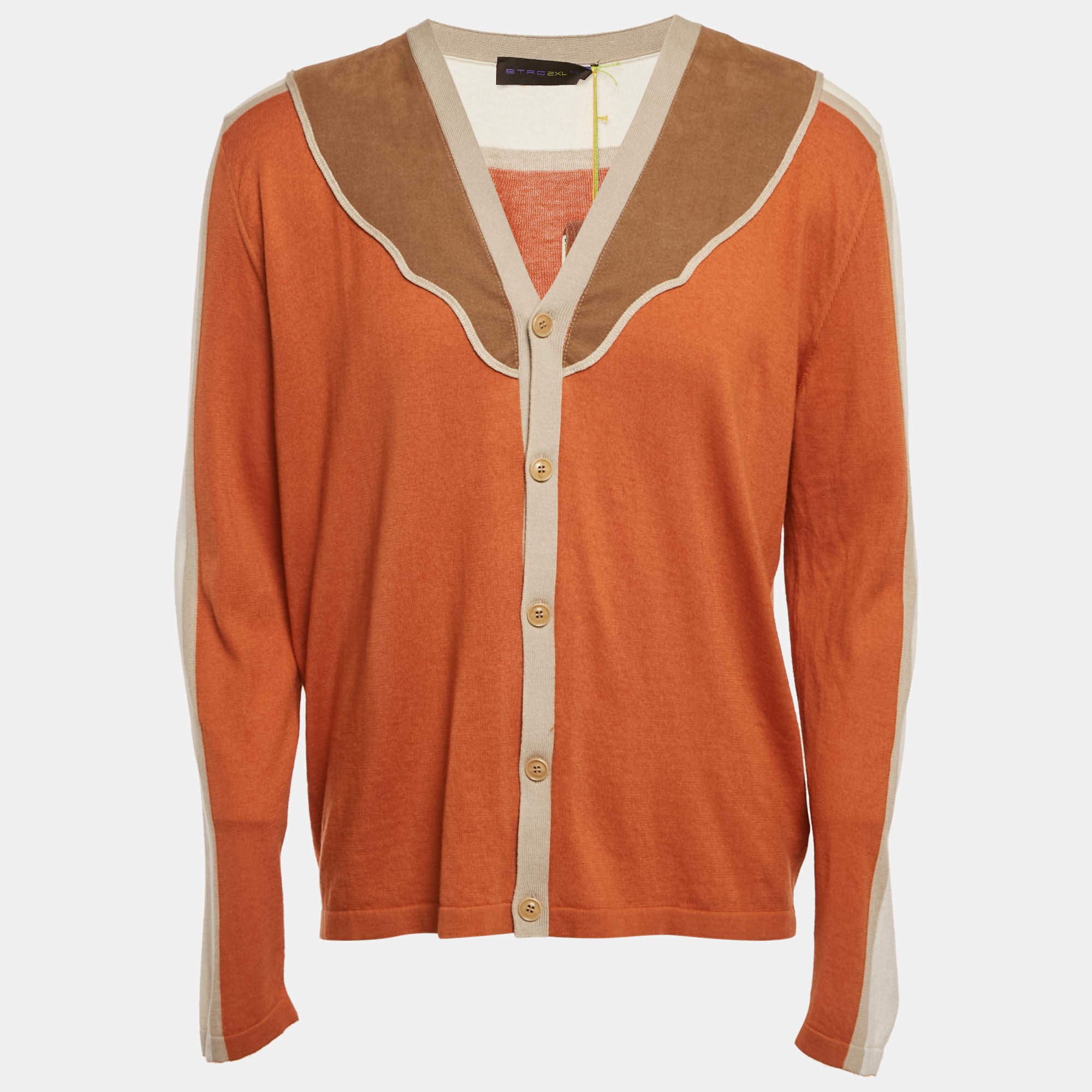Pre Owned Etro Orange Faux Suede Trim Knit Cardigan XXL