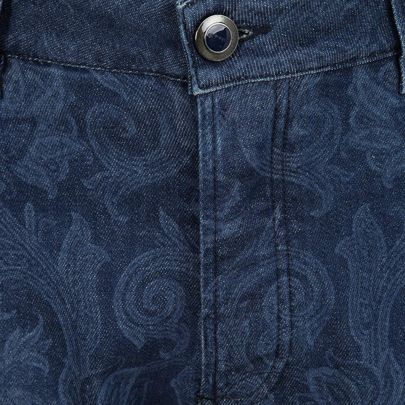 Etro Indigo Faded Effect Paisley Printed Denim Regular Fit Jeans 3XL