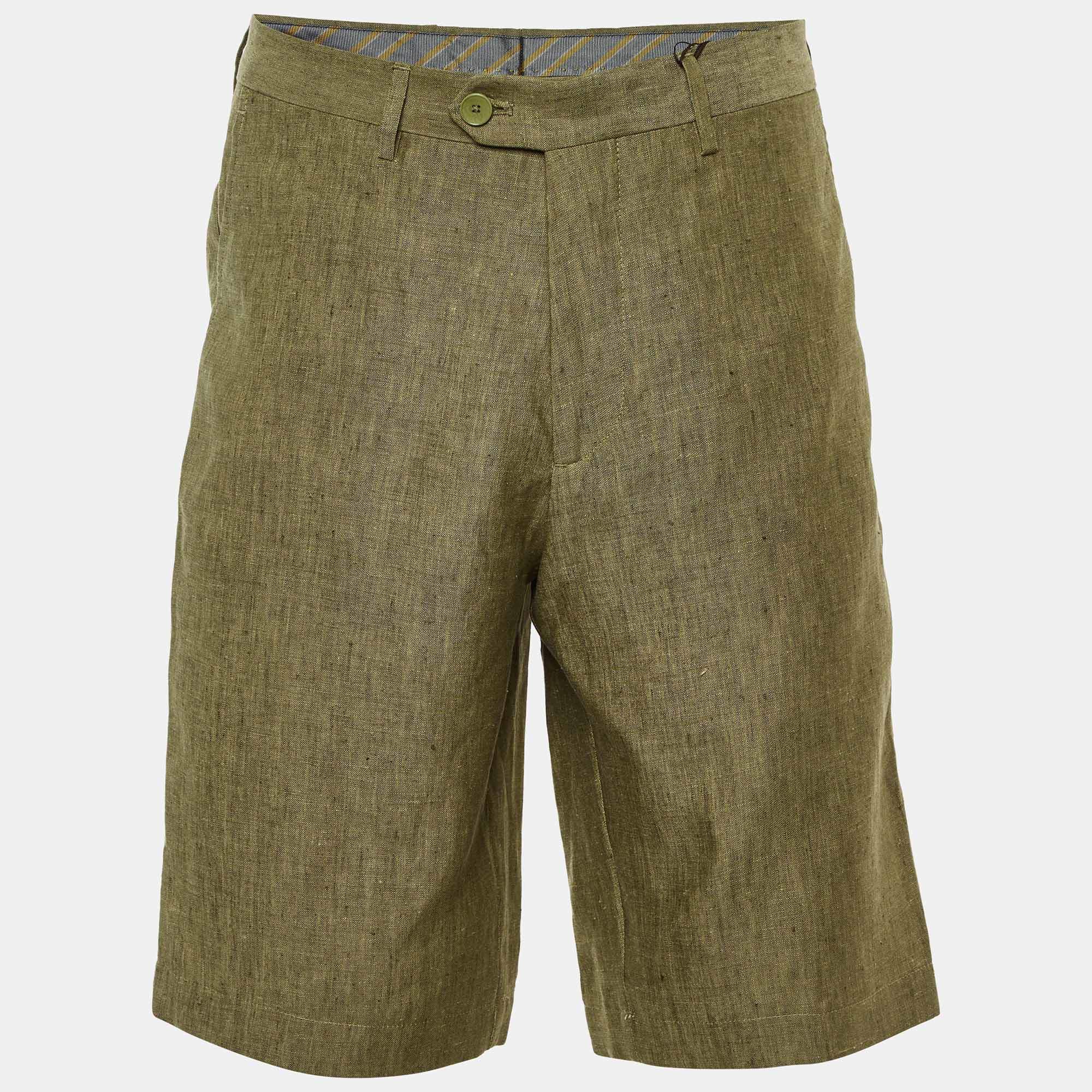 Pre Owned Etro Olive Green Melange Linen Shorts M/Waist 34"