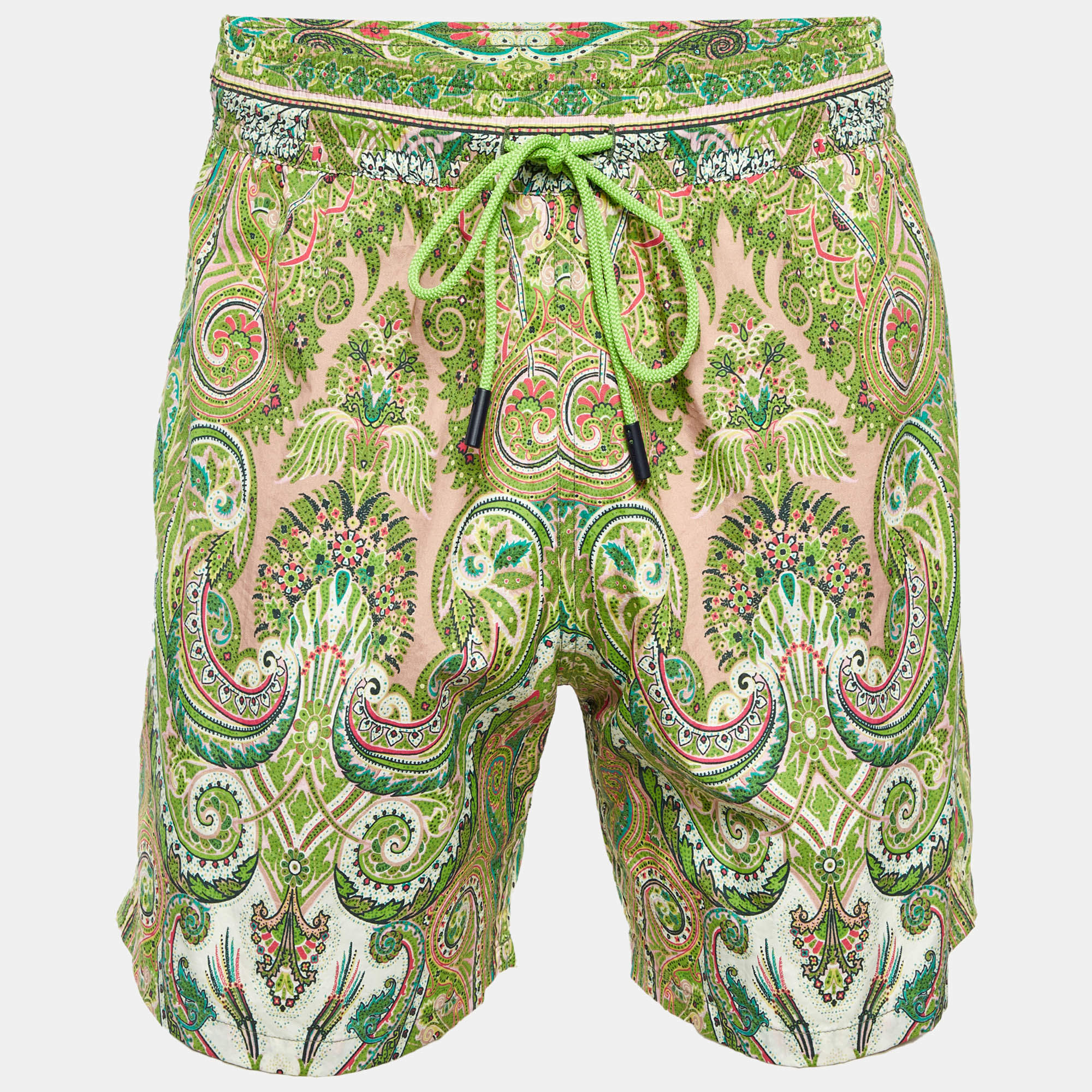 Pre Owned Etro Green Paisley Print Nylon Swim Shorts L