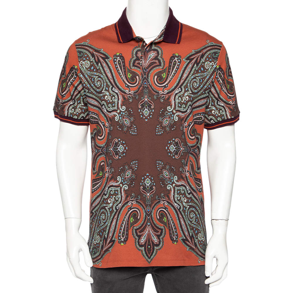 Etro Burnt Orange Paisley Print Cotton Contrast Trim Detail T-Shirt XL