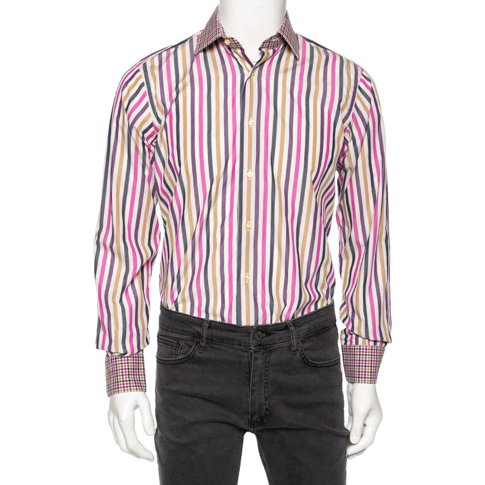 Pre Owned قميص سليم فيت ايترو قطن مخطط متعدد الألوان تفاصيل أكمام وياقة متباينة مقاس متوسط - ميديوم 