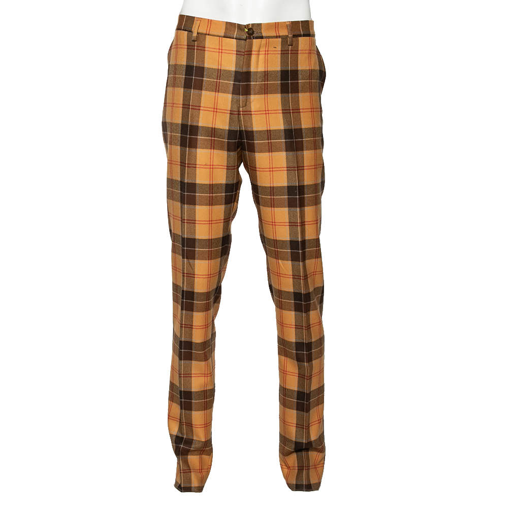 Pre Owned Etro Tan Brown Plaid Checked Wool Cuba Slim Fit Trousers XXL