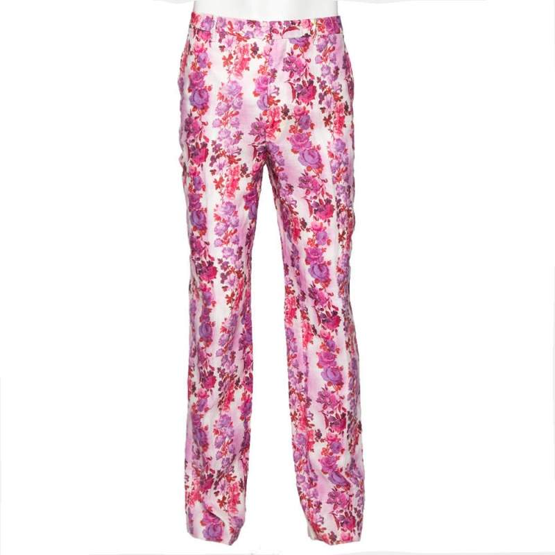 Pre Owned Etro Multicolor Floral Printed Linen Straight Fit Pants XL
