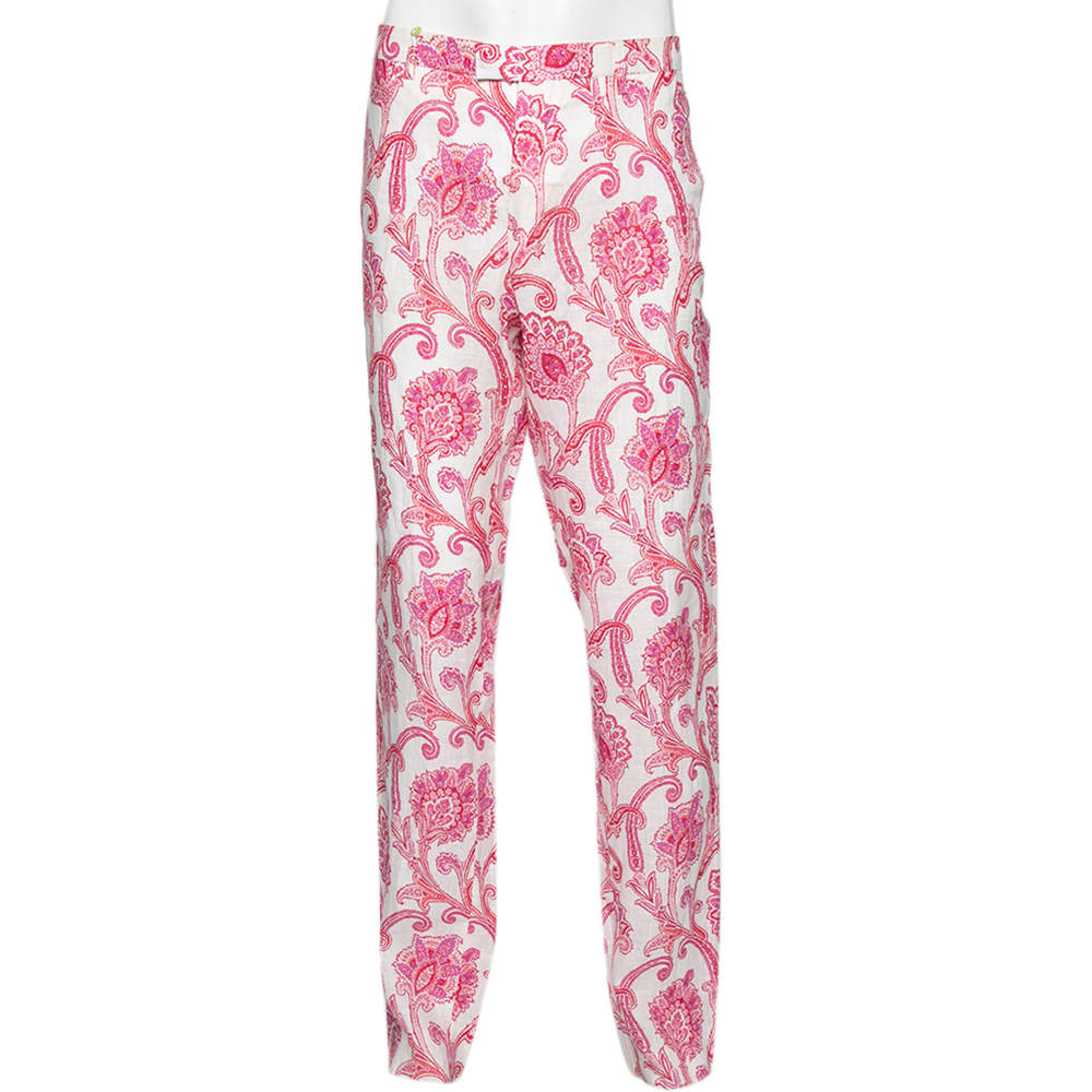 Pre Owned Etro Pink Paisley & Floral Printed Linen Mexico Trousers XXL