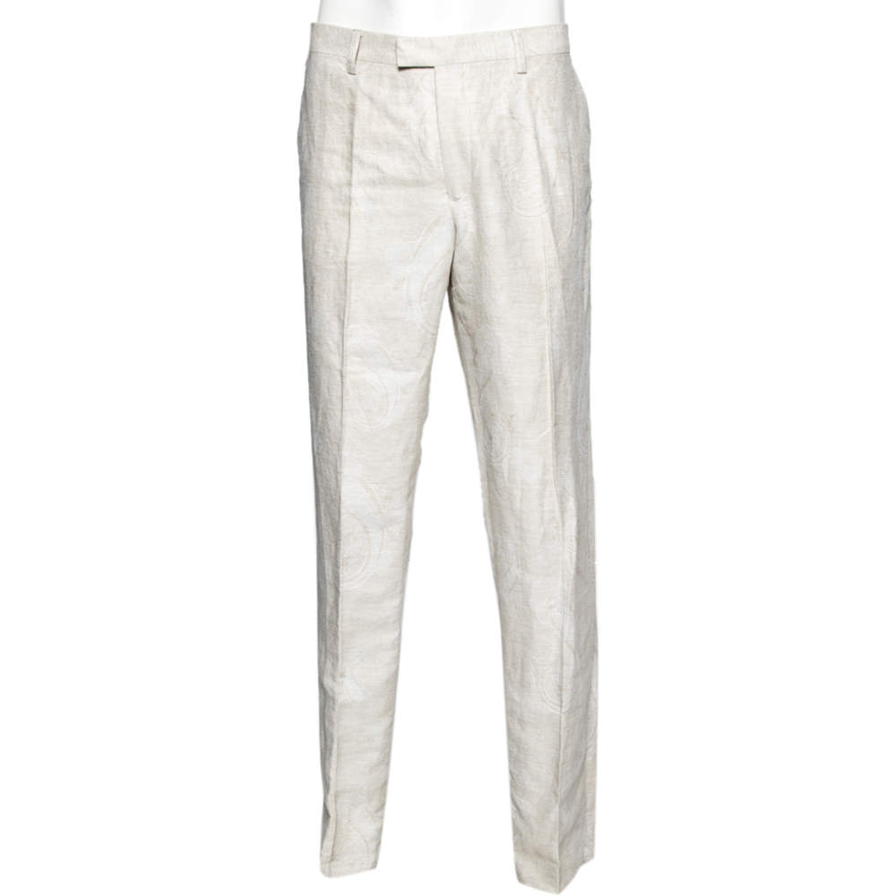 Pre Owned Etro Ecru Paisley Patterned Linen Pants XXL