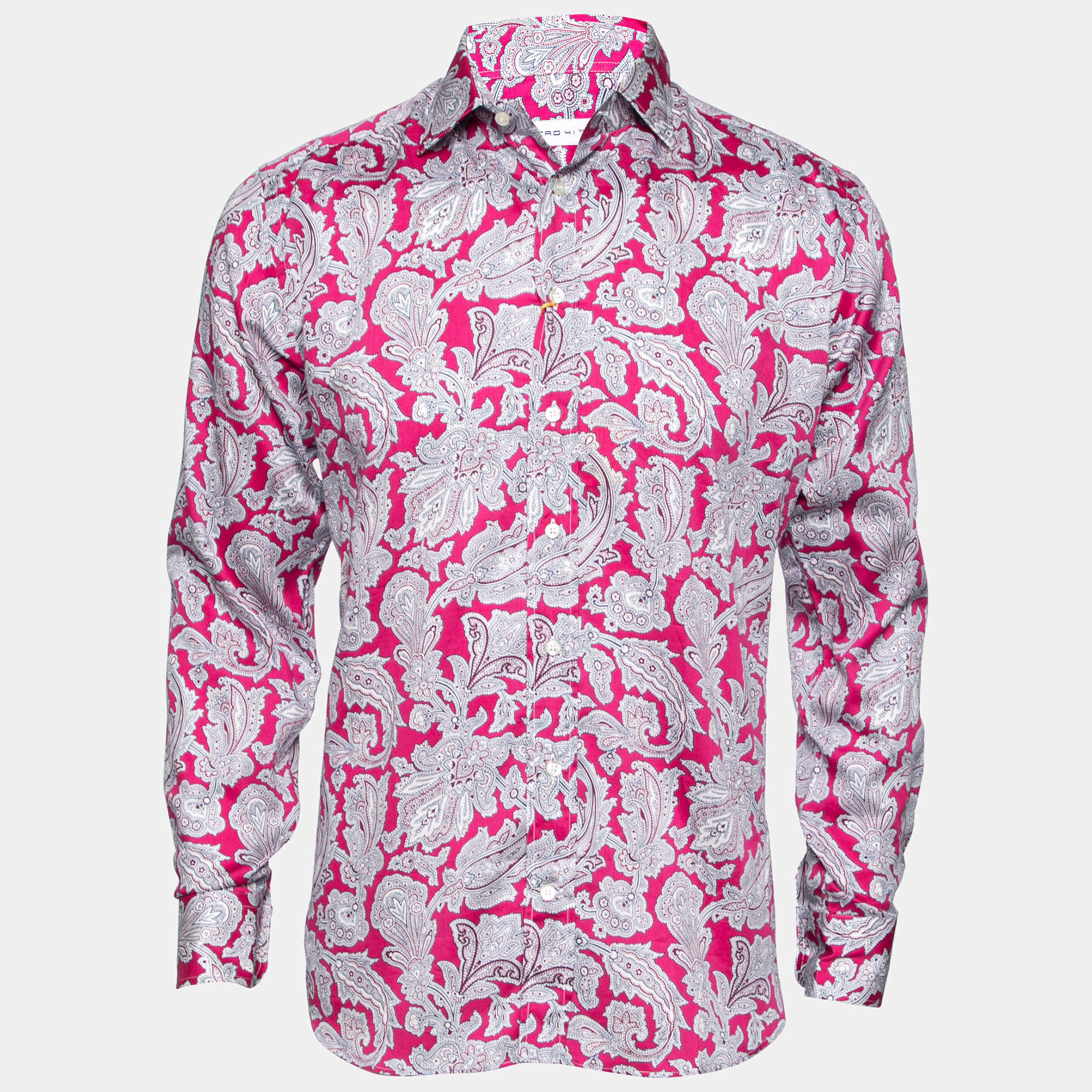 مملوكة مسبقًا قميص إيترو قطن طباعة بيزلي وردي بأكمام طويلة أزرار أمامية مقاس كبير - لارج