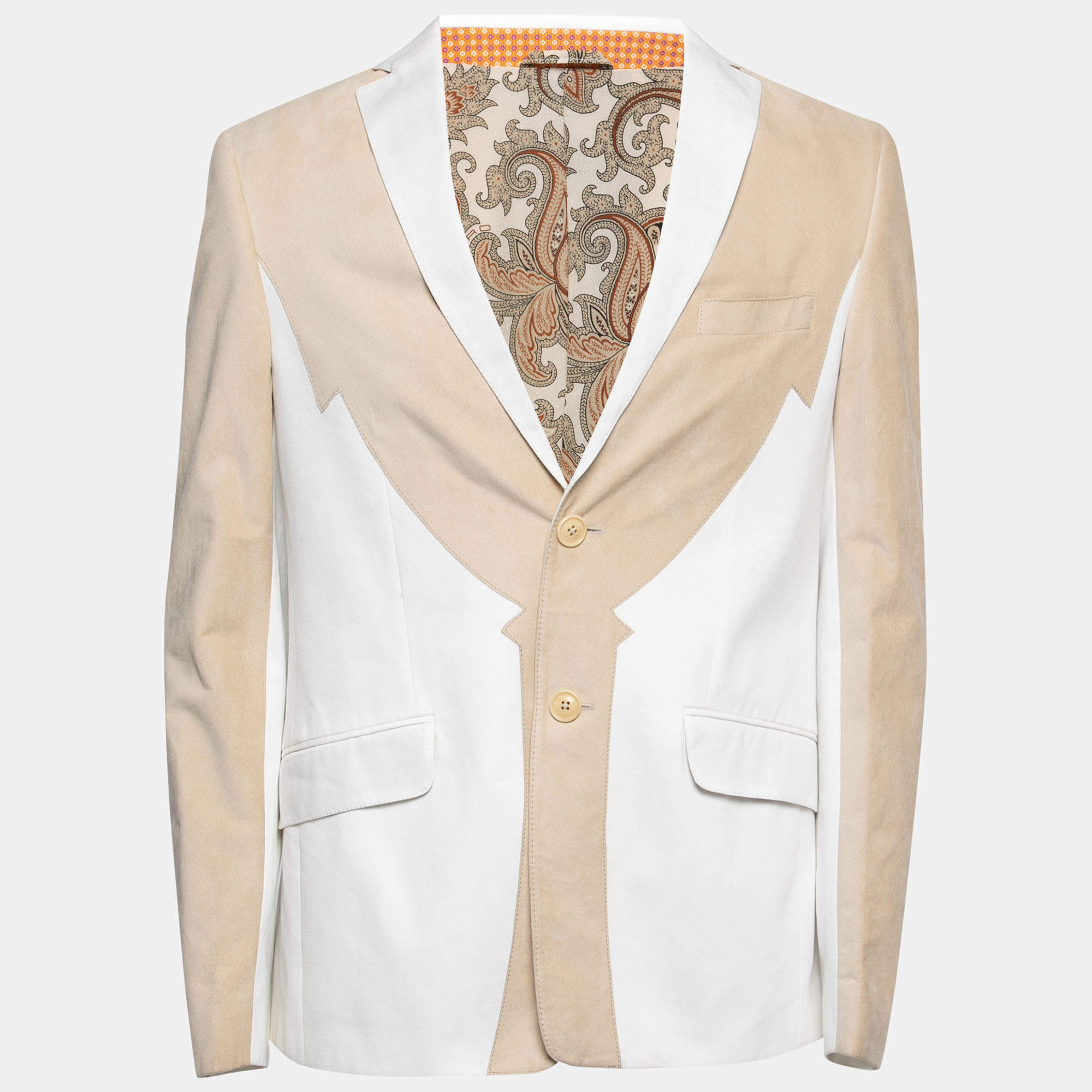 Etro White Cotton & Suede Paneled Single Breasted Blazer XL