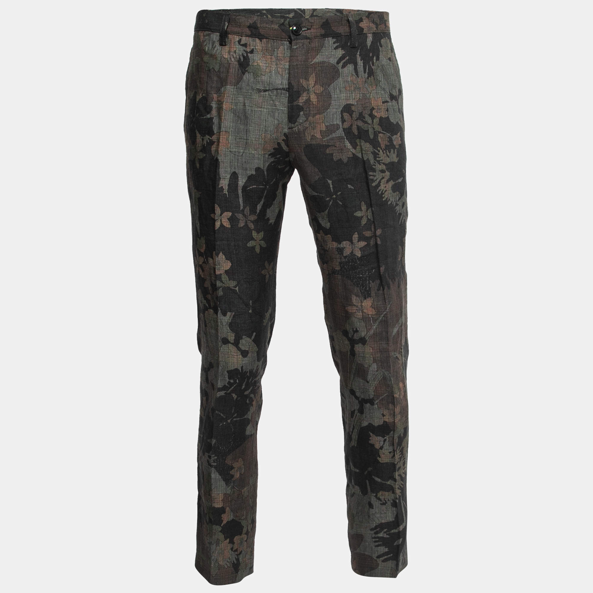 Pre Owned Etro Dark Green Printed Linen Trousers L