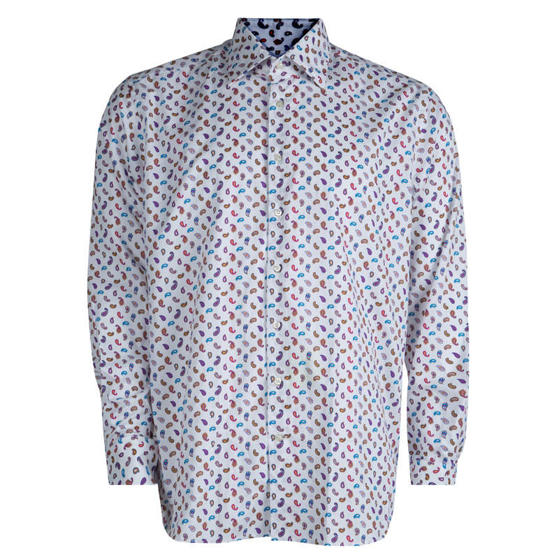 مملوكة مسبقًا Etro White Paisley Motif Long Sleeve Button Front Cotton Shirt XL