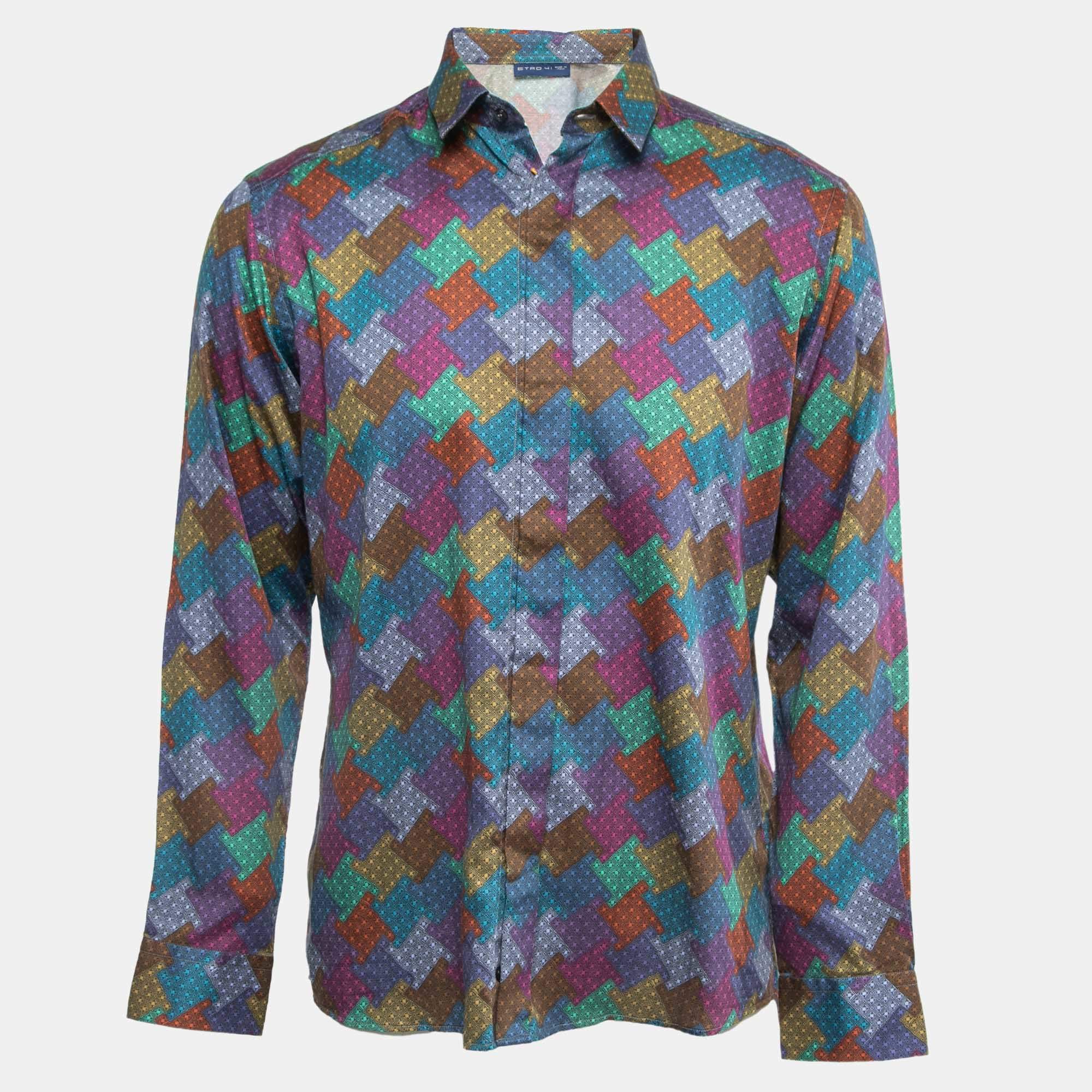 مملوكة مسبقًا قميص ايترو بأزرار أمامية وأكمام طويلة قطن بطبع متعدد الألوان L