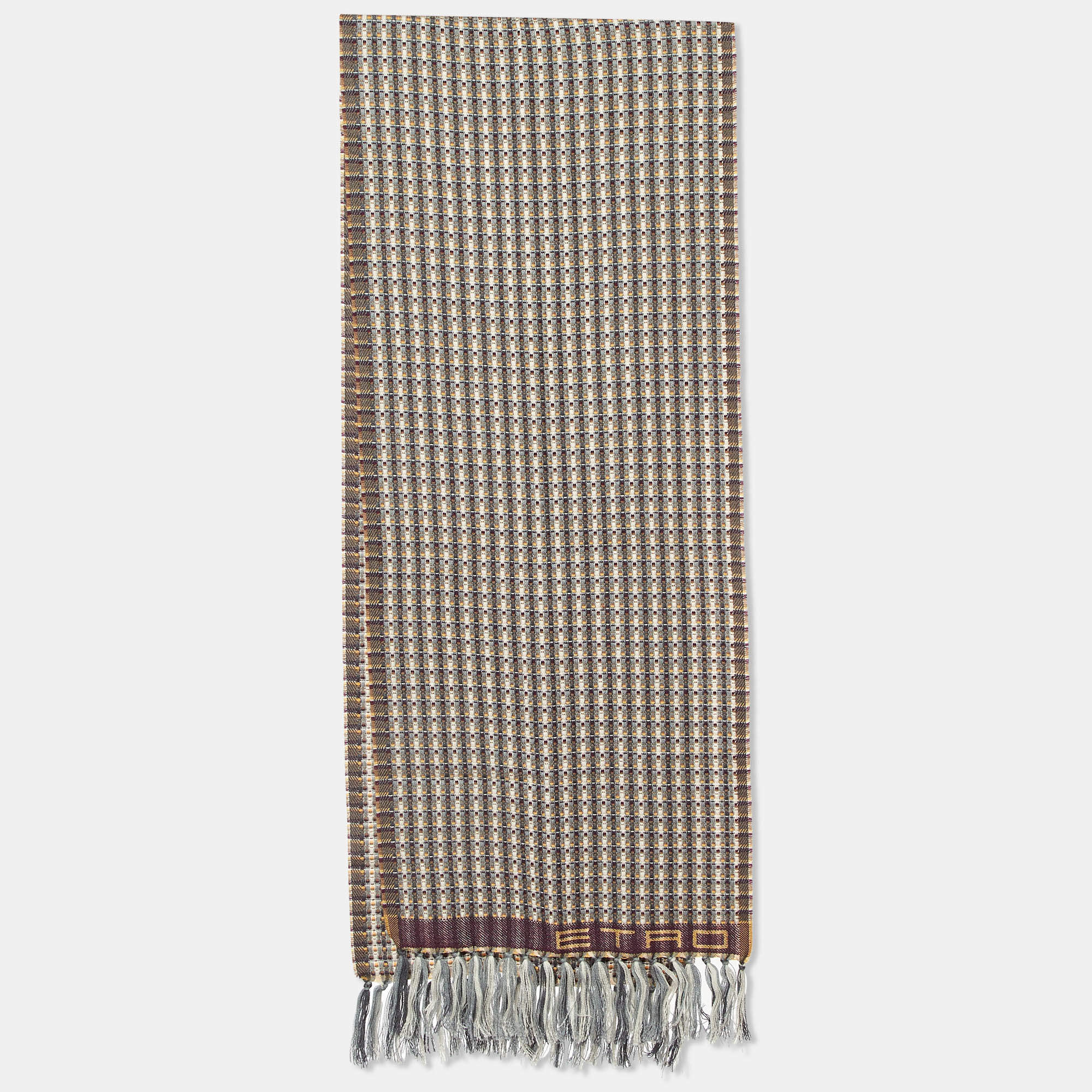Pre Owned Etro Grey Textured Wool Fringed Muffler