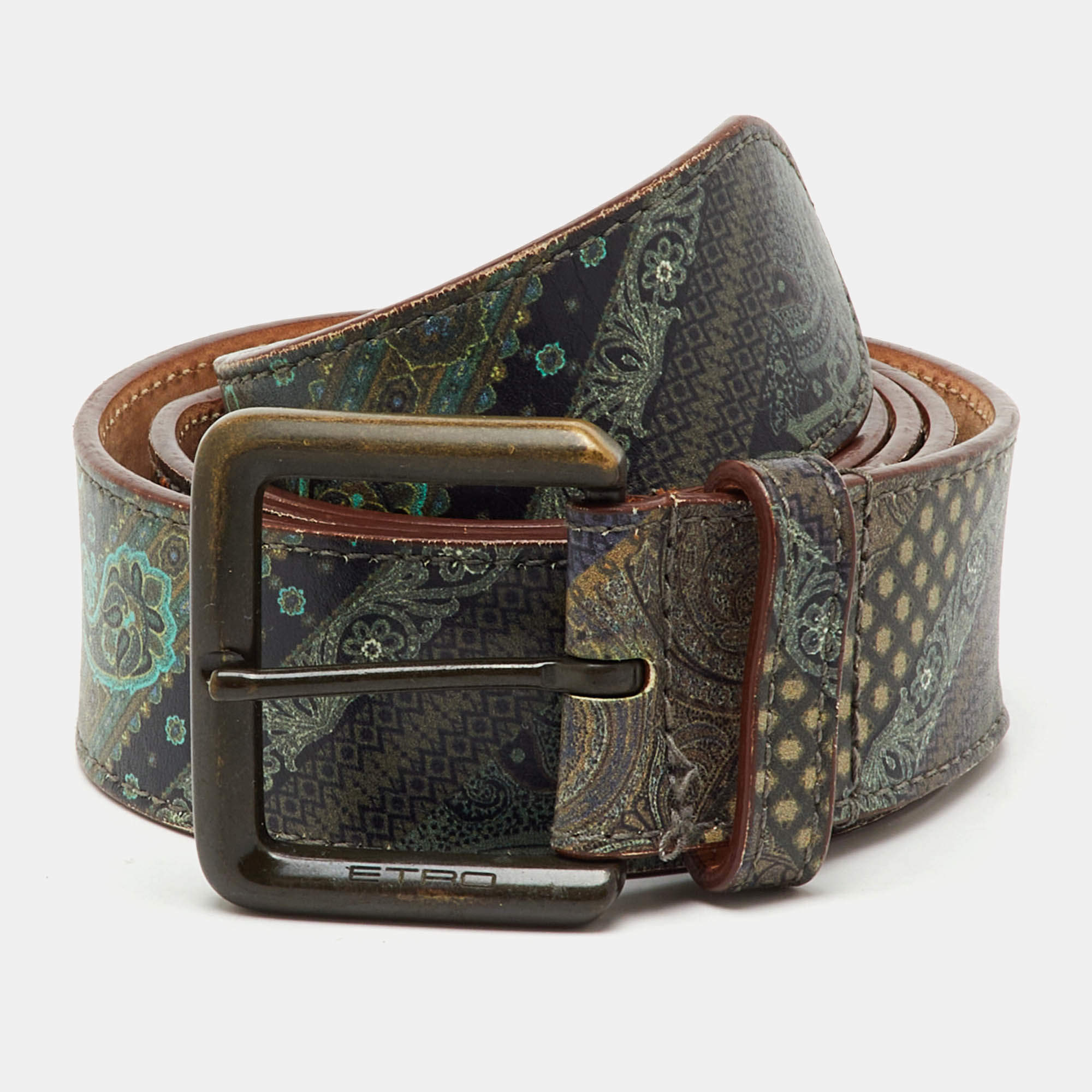 Pre Owned Etro Multicolor Printed Leather Buckle Belt 105CM