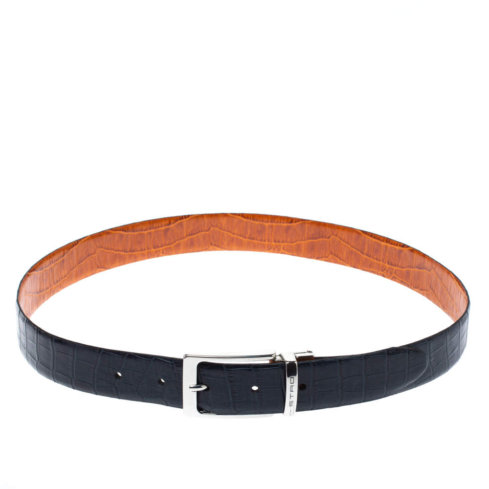 Pre Owned Etro Dark Teal Alligator Embossed Leather Buckle Belt 105 CM