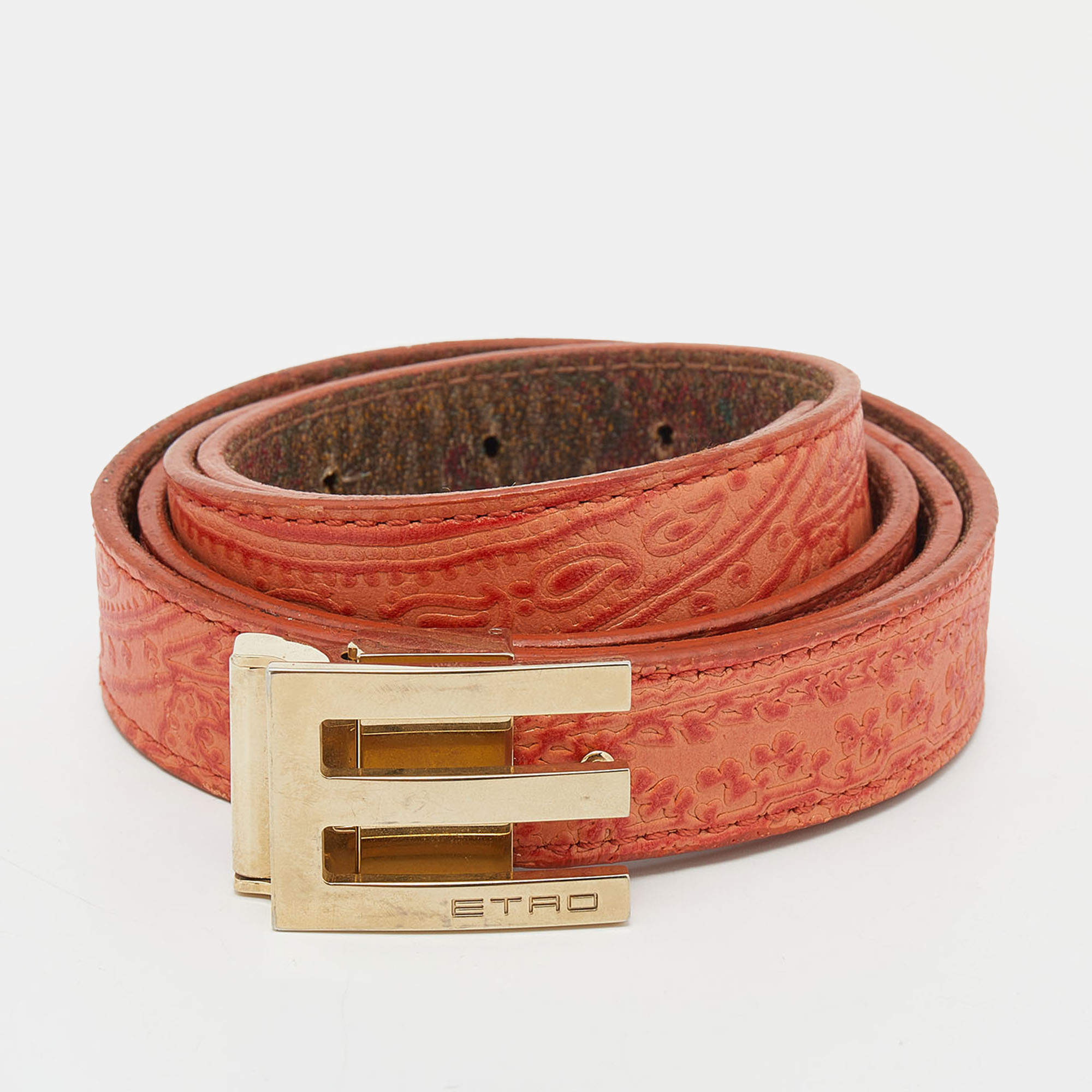 Pre Owned Etro Orange Embossed Leather Logo Buckle Belt 115 CM