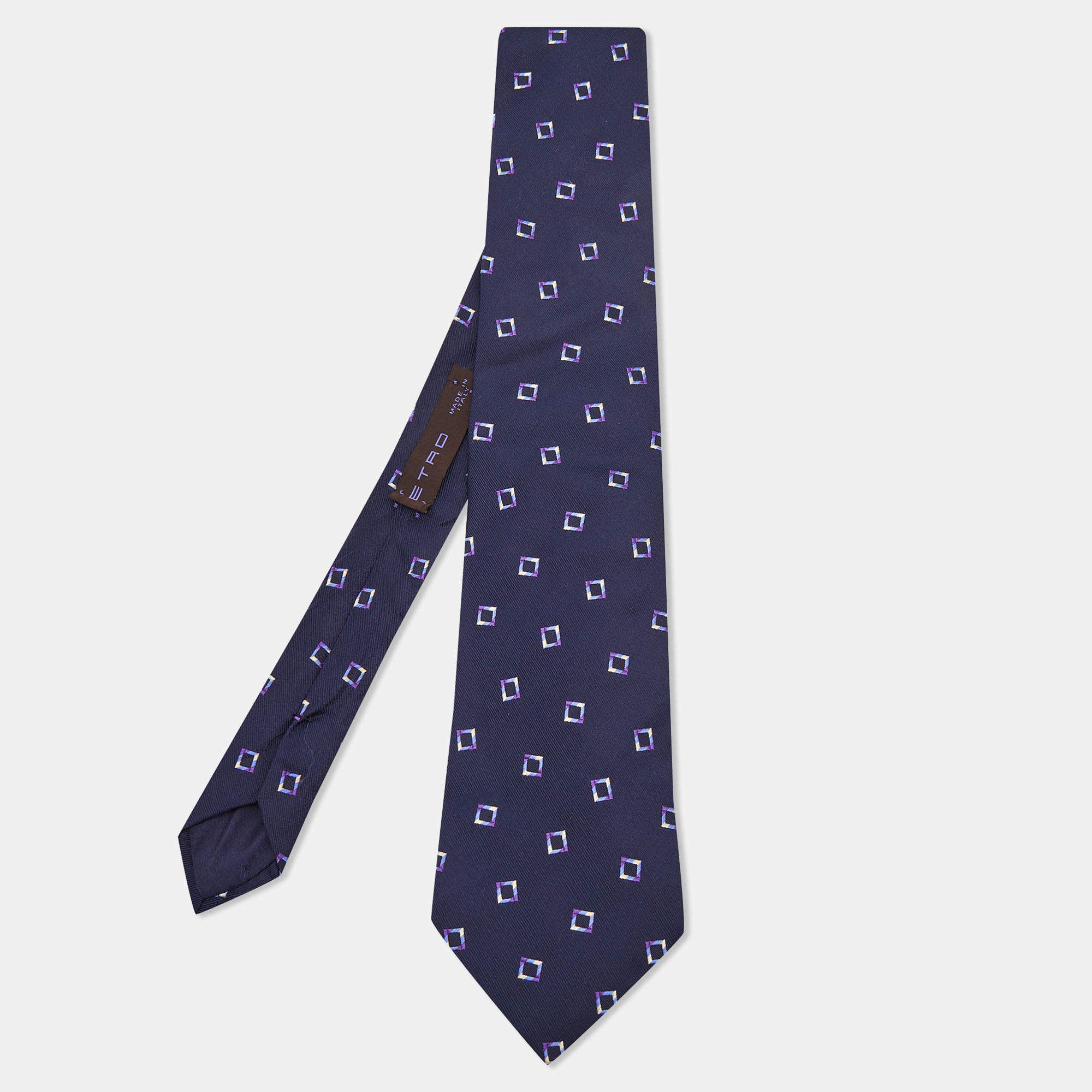 Pre Owned Etro Navy Blue Square Patterned Silk Jacquard Tie