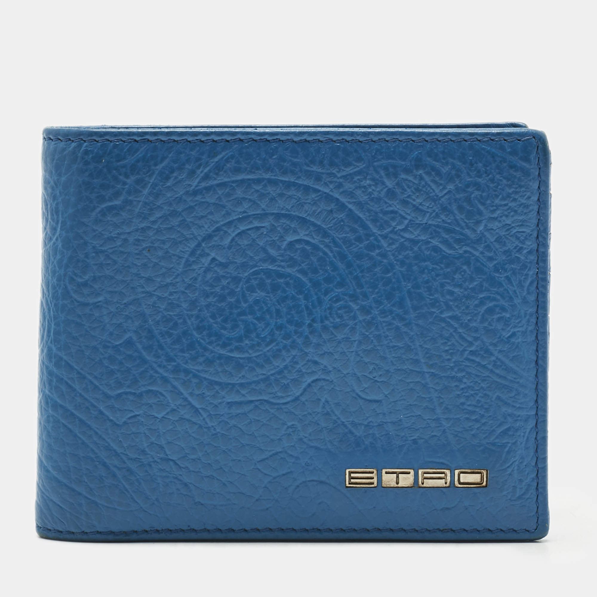 Pre Owned Etro Blue Paisley Embossed Leather Bifold Wallet