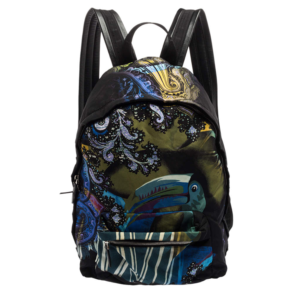 Etro Multicolor Printed Nylon and Leather Front Pocket Backpack