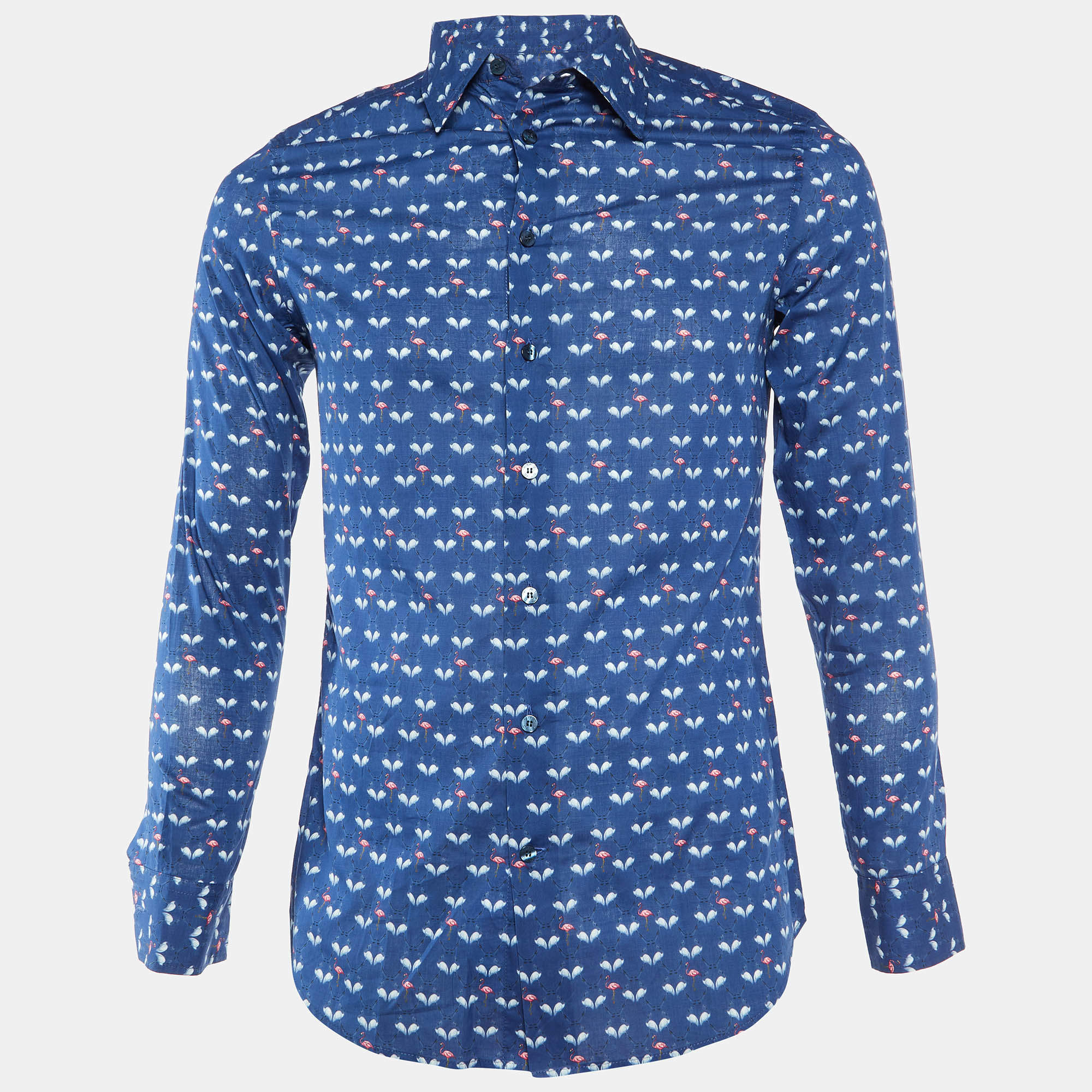 Pre Owned Etro Navy Blue Flamingo Print Cotton Long Sleeve Shirt M
