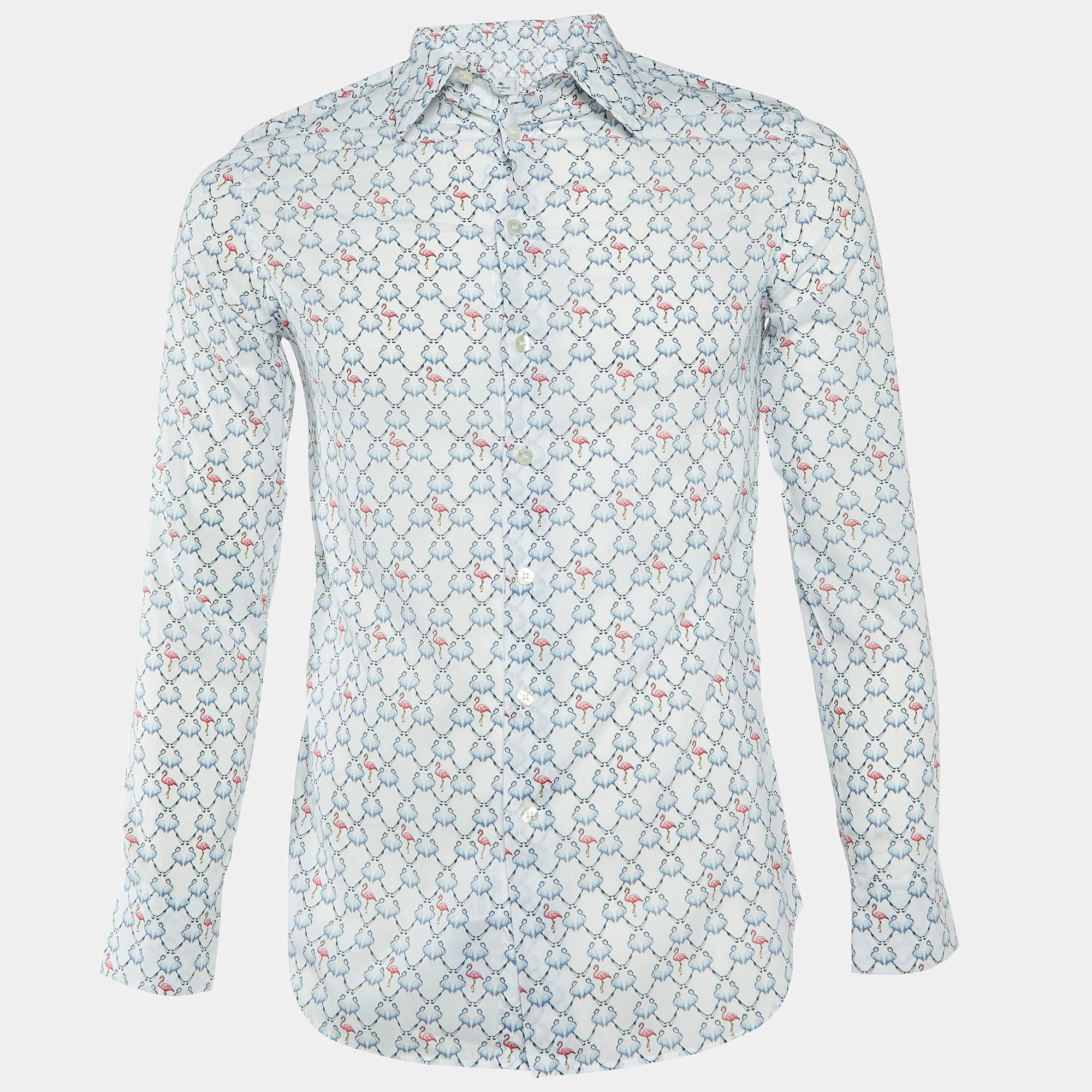Pre Owned Etro White Flamingo Print Cotton Long Sleeve Shirt S