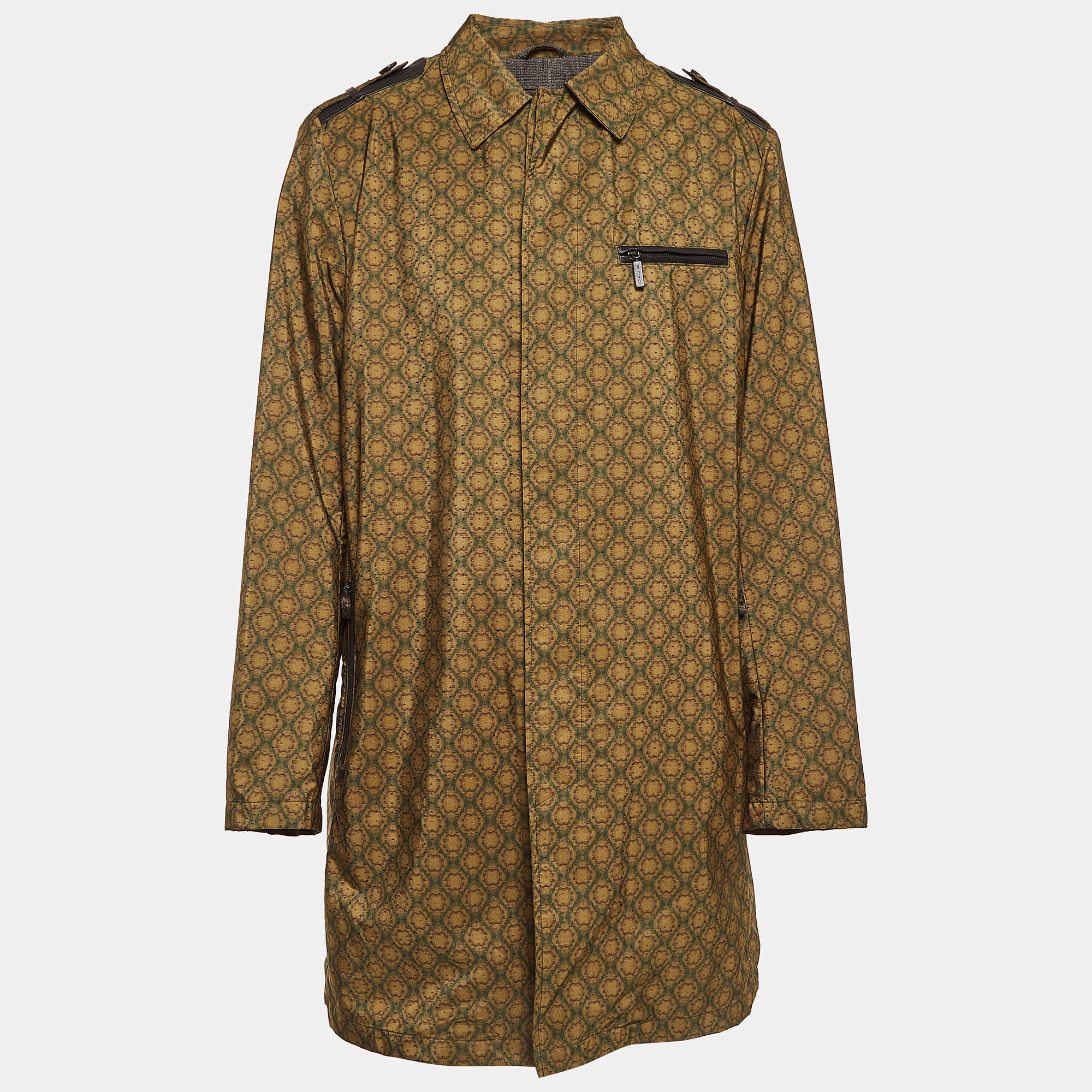Etro Green Printed Synthetic Leather Trim Coat XL