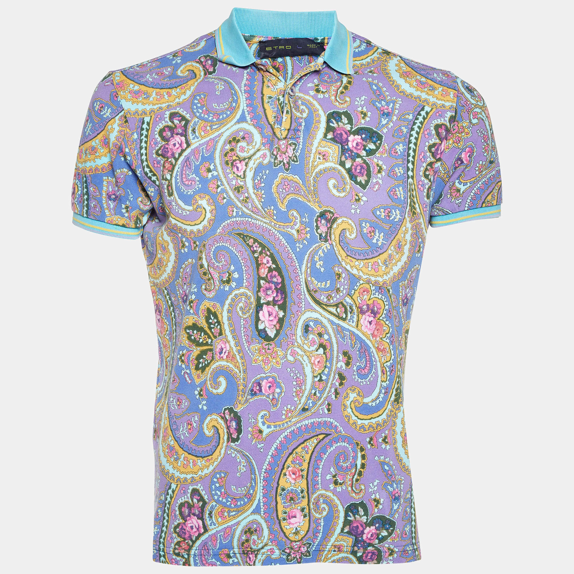 Etro Purple Paisley Print Cotton Polo T-Shirt L