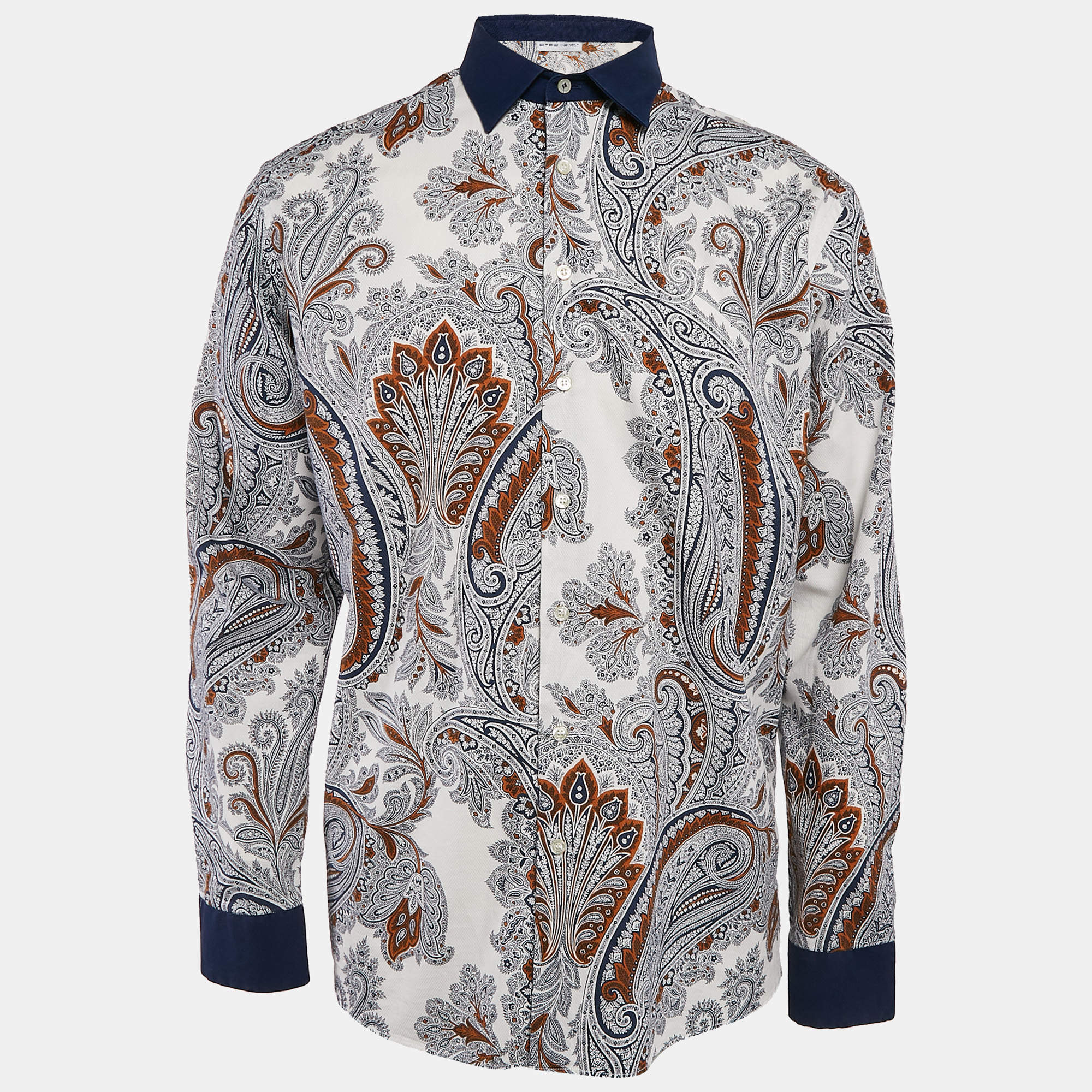 Pre Owned Etro White/Blue Paisley Print Cotton Shirt XXL