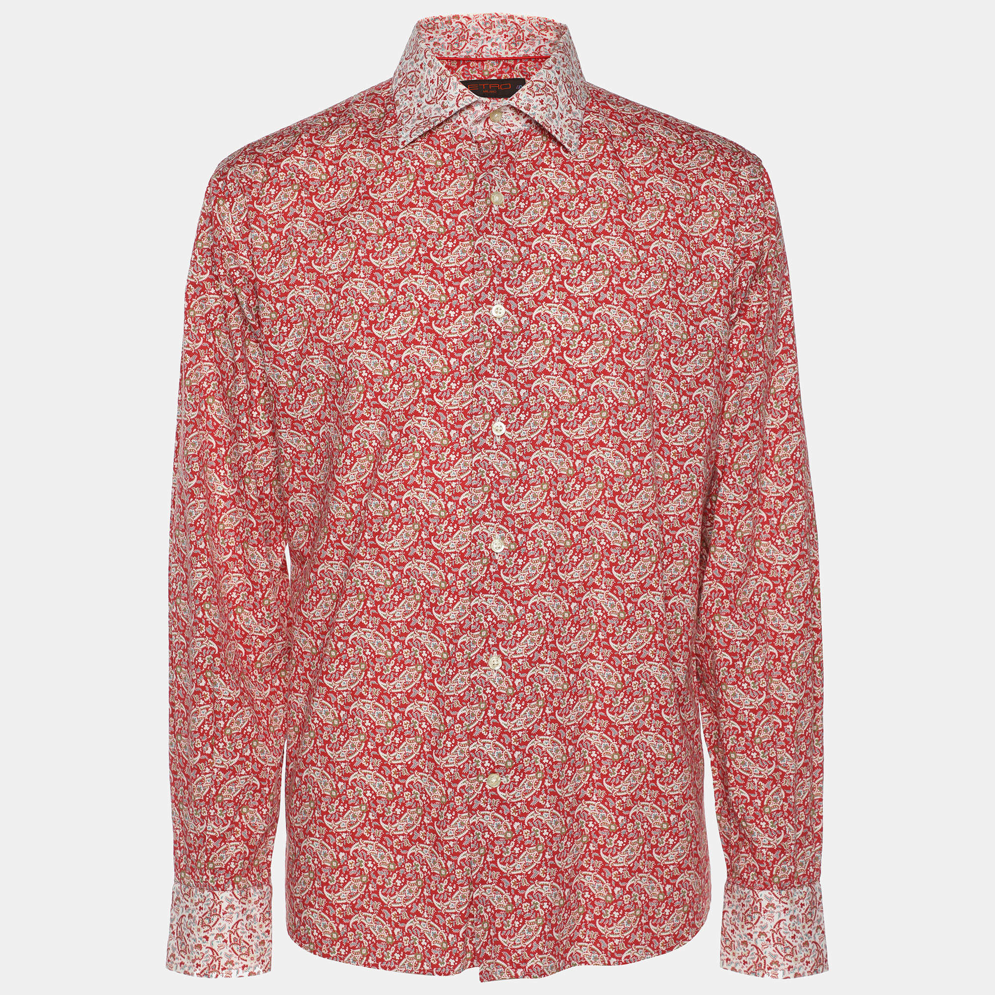 Etro Red Printed Cotton Long Sleeve Shirt M