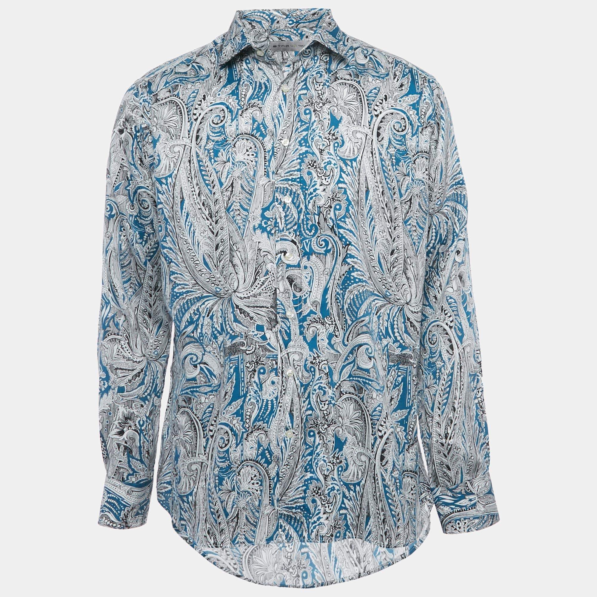 Pre Owned Etro Blue Printed Cotton Button Front Long Sleeve Shirt XXL