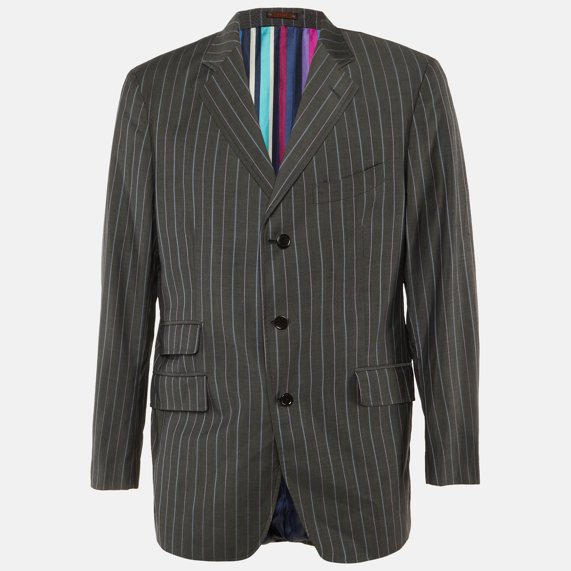 Pre Owned Etro Grey Striped Wool Button Front Blazer XXL