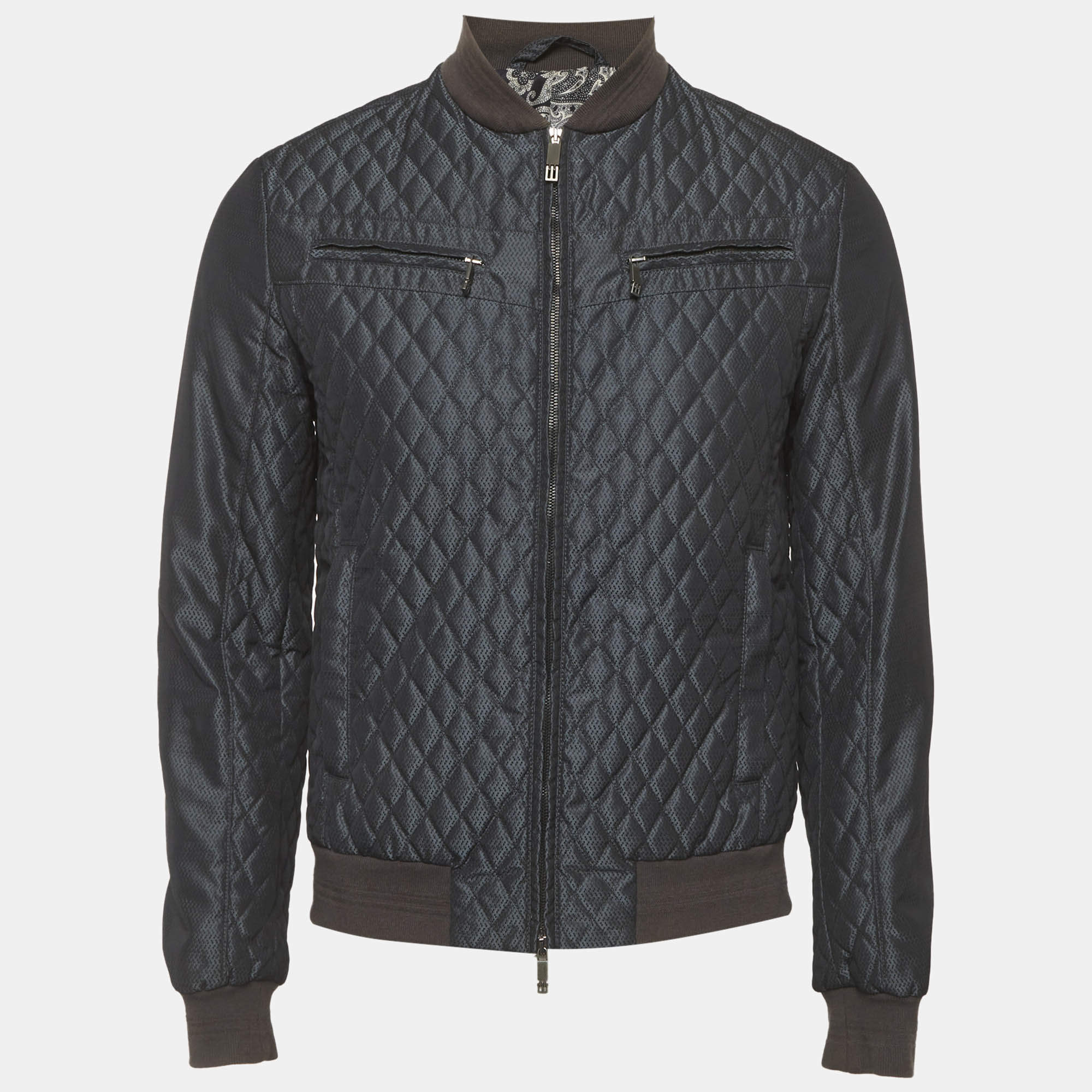 Pre Owned Etro Navy Blue Synthetic Bomber Jacket S