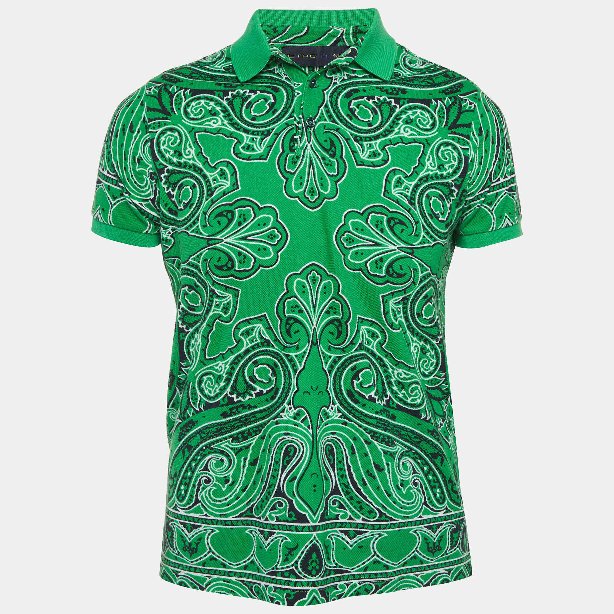Pre Owned Etro Green Paisley Print Pique Polo T-Shirt M