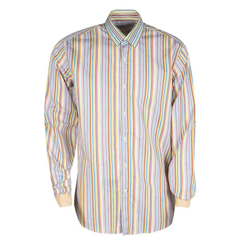 Etro Multicolor Striped Cotton Contrast Cuff Detail Long Sleeve Shirt L ...