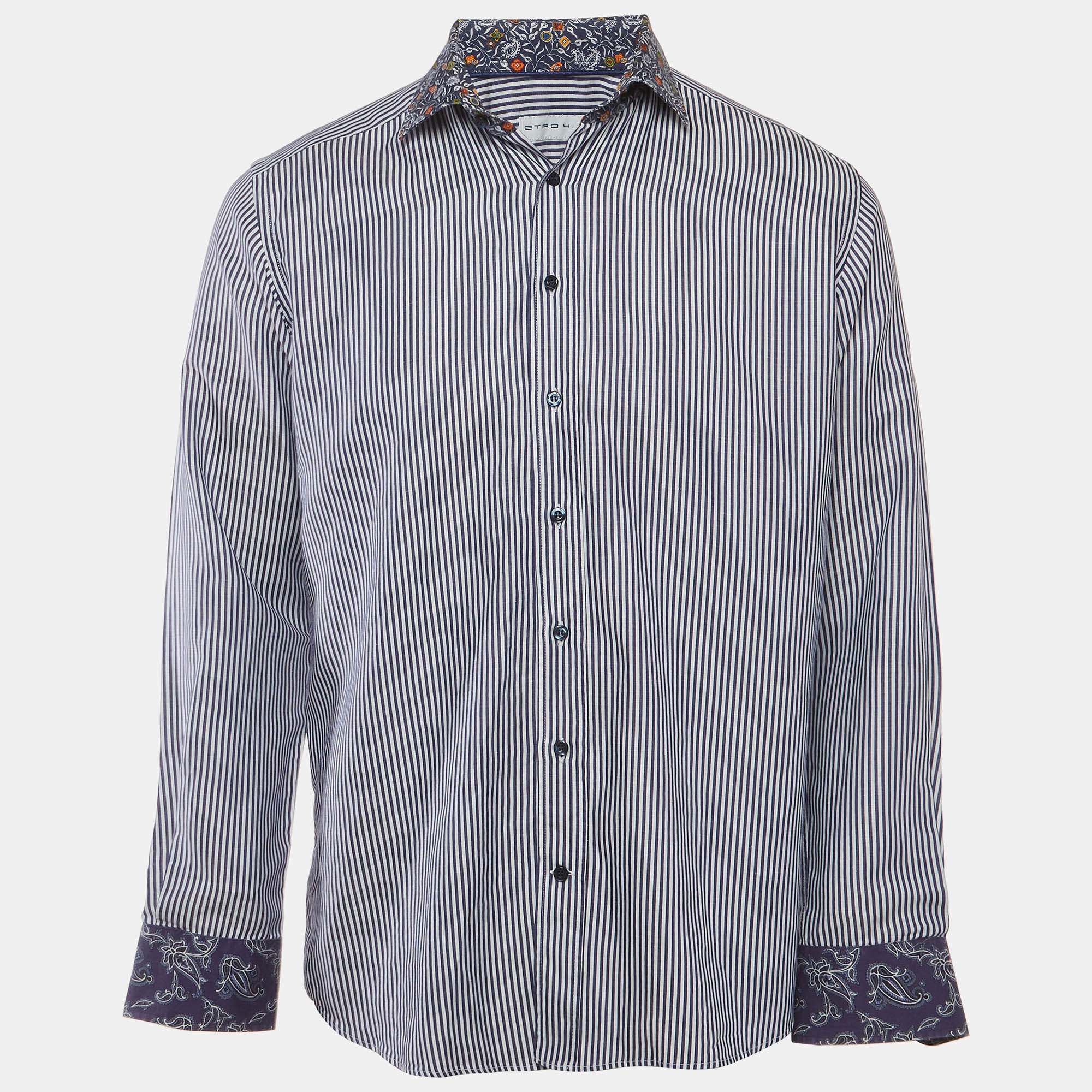 Pre Owned Etro Blue/White Striped and Paisley Print Cotton Button Up Shirt L
