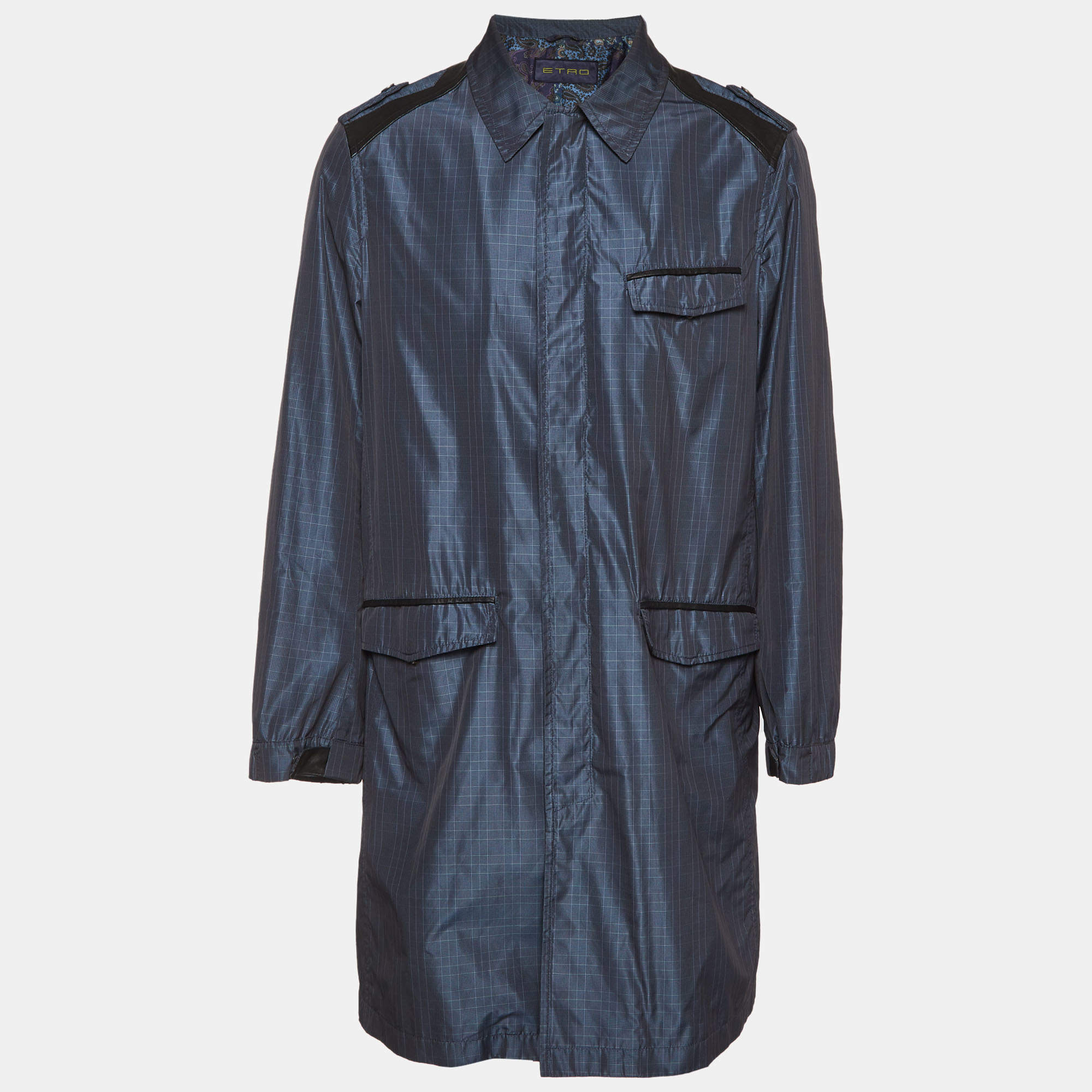 Pre Owned Etro Blue/Grey Check Synthetic Leather Trim Coat XXL