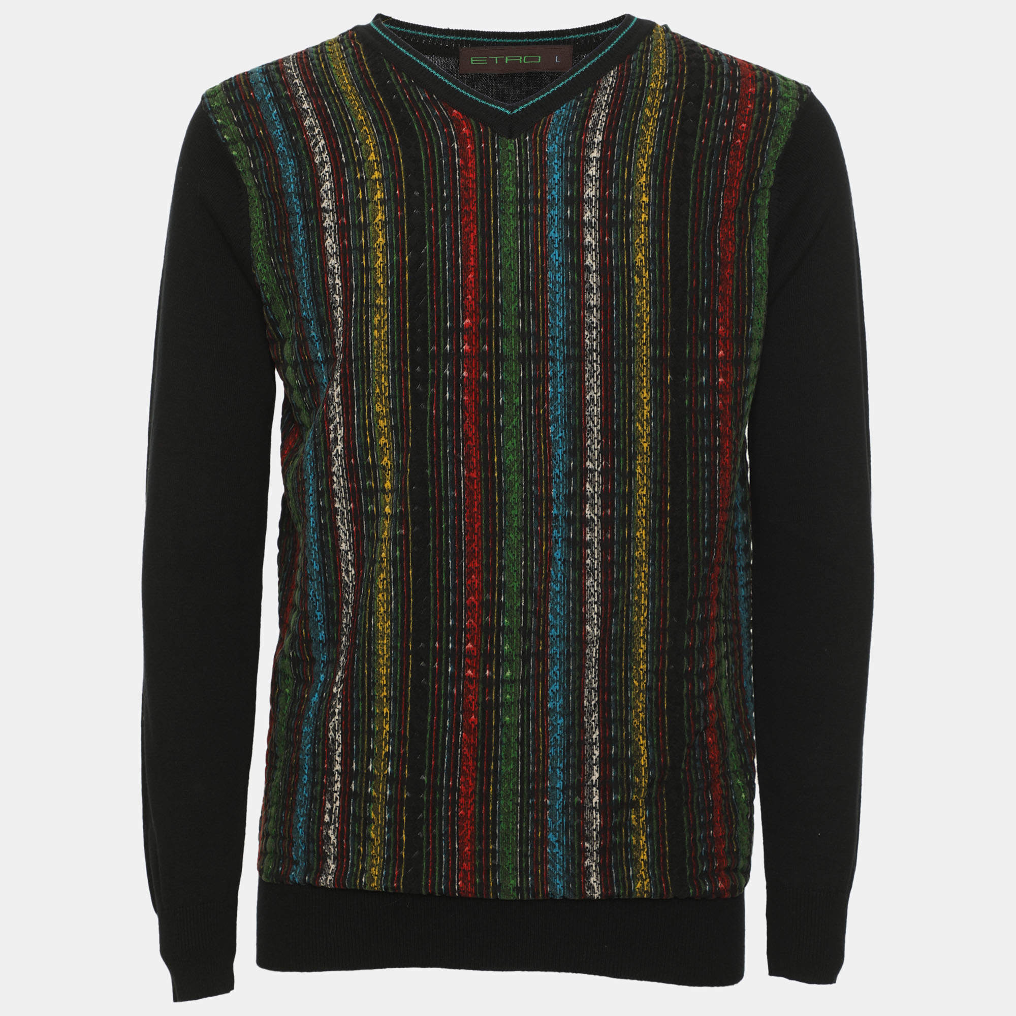 Pre Owned Etro Black Multicolor Printed Knit Sweater L