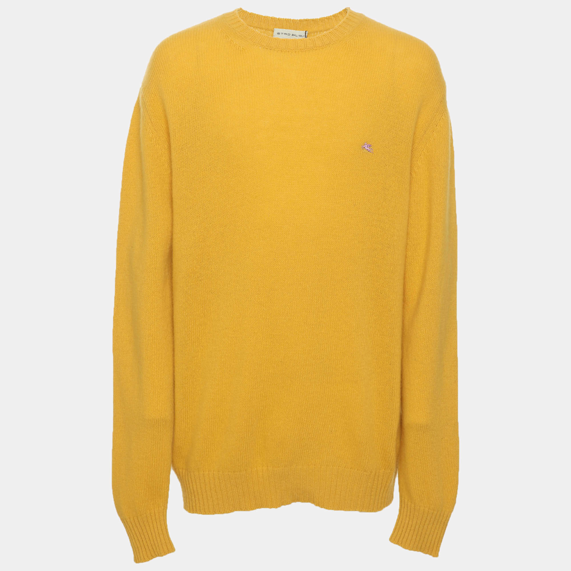 Pre Owned Etro Yellow Rib Knit Wool Logo Embroidered Crew Neck Sweater XXXL