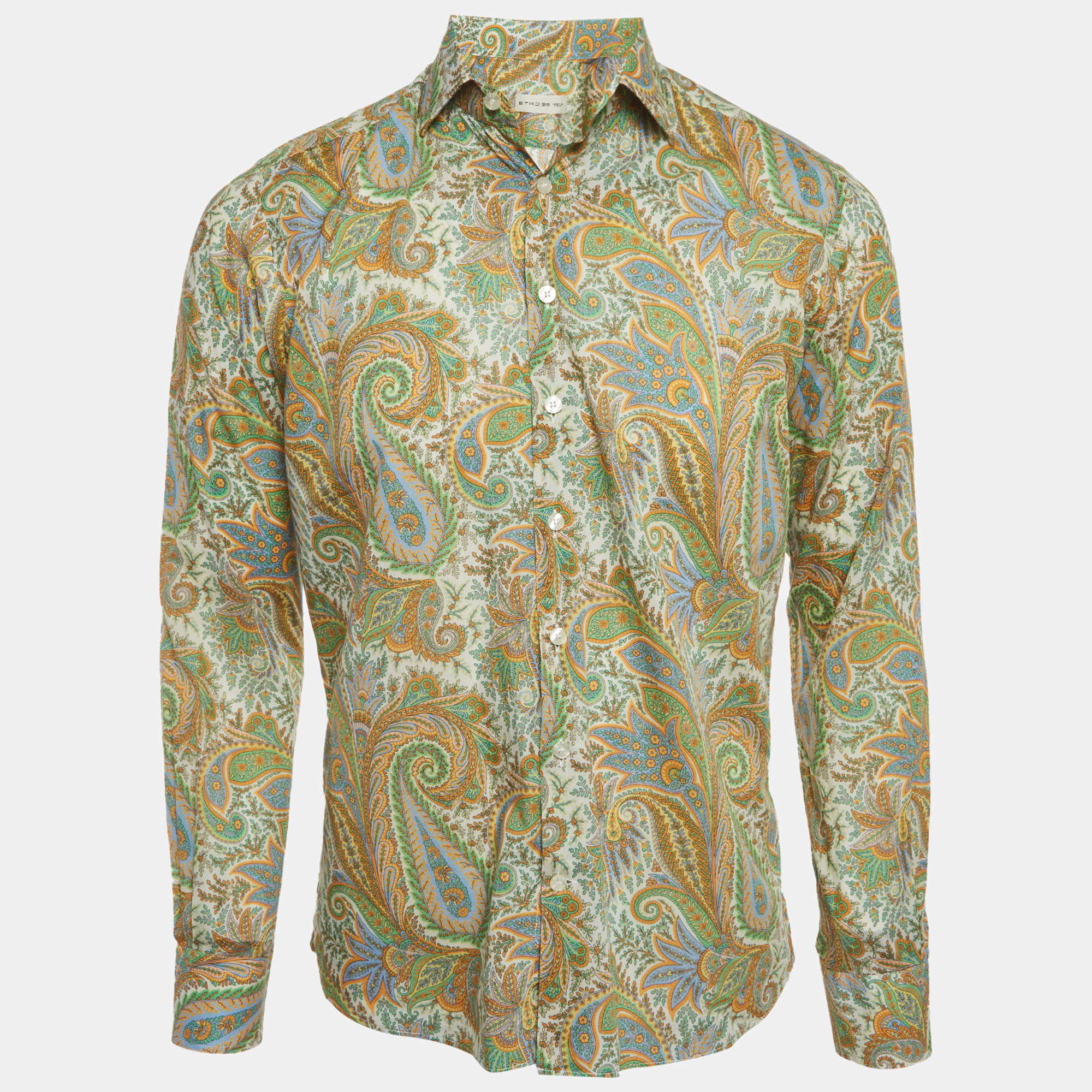 Pre Owned Etro Green Paisley Print Cotton Long Sleeve Shirt M