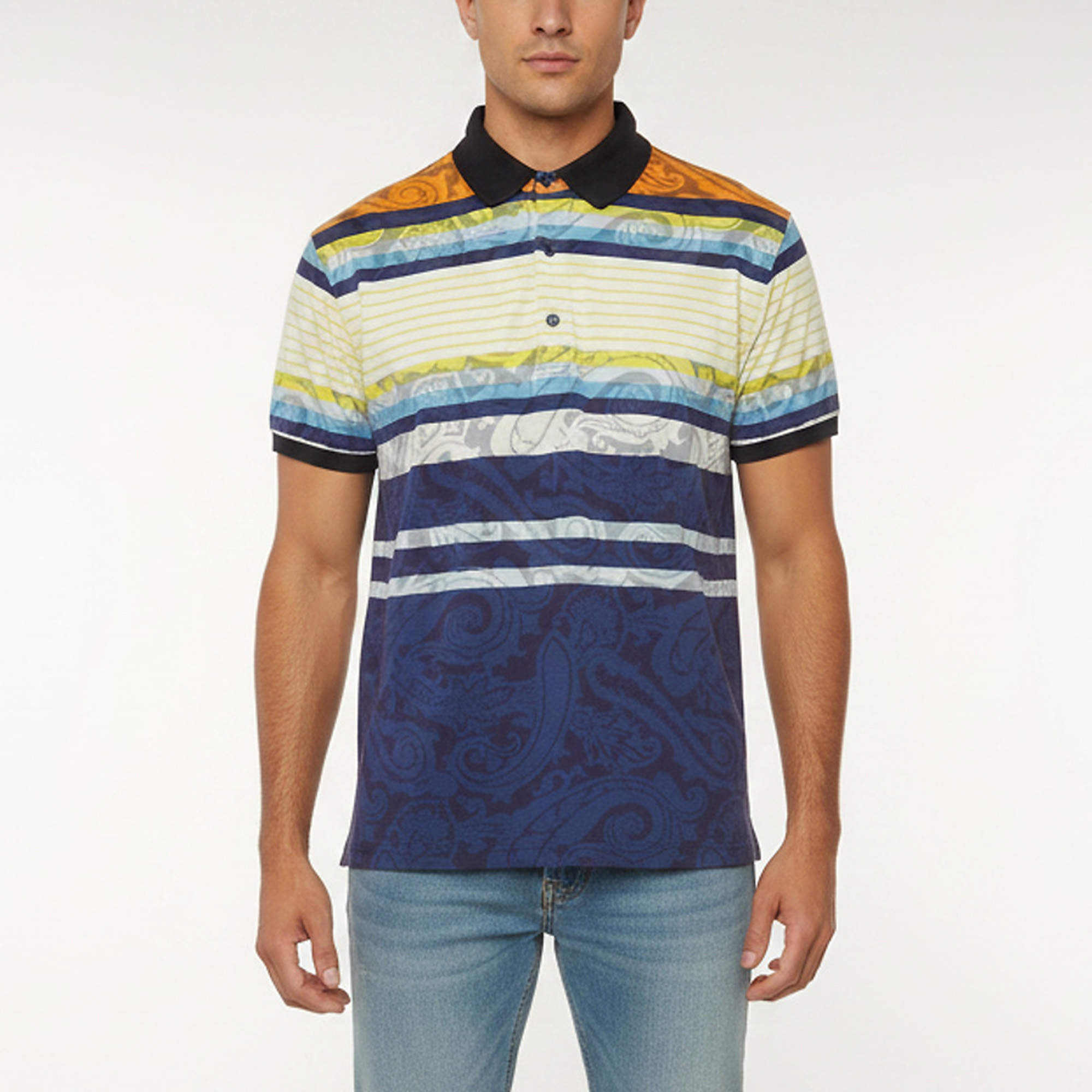 Pre Owned Etro Multicolor Striped Paisley Print Piqué Knit Polo T-Shirt M
