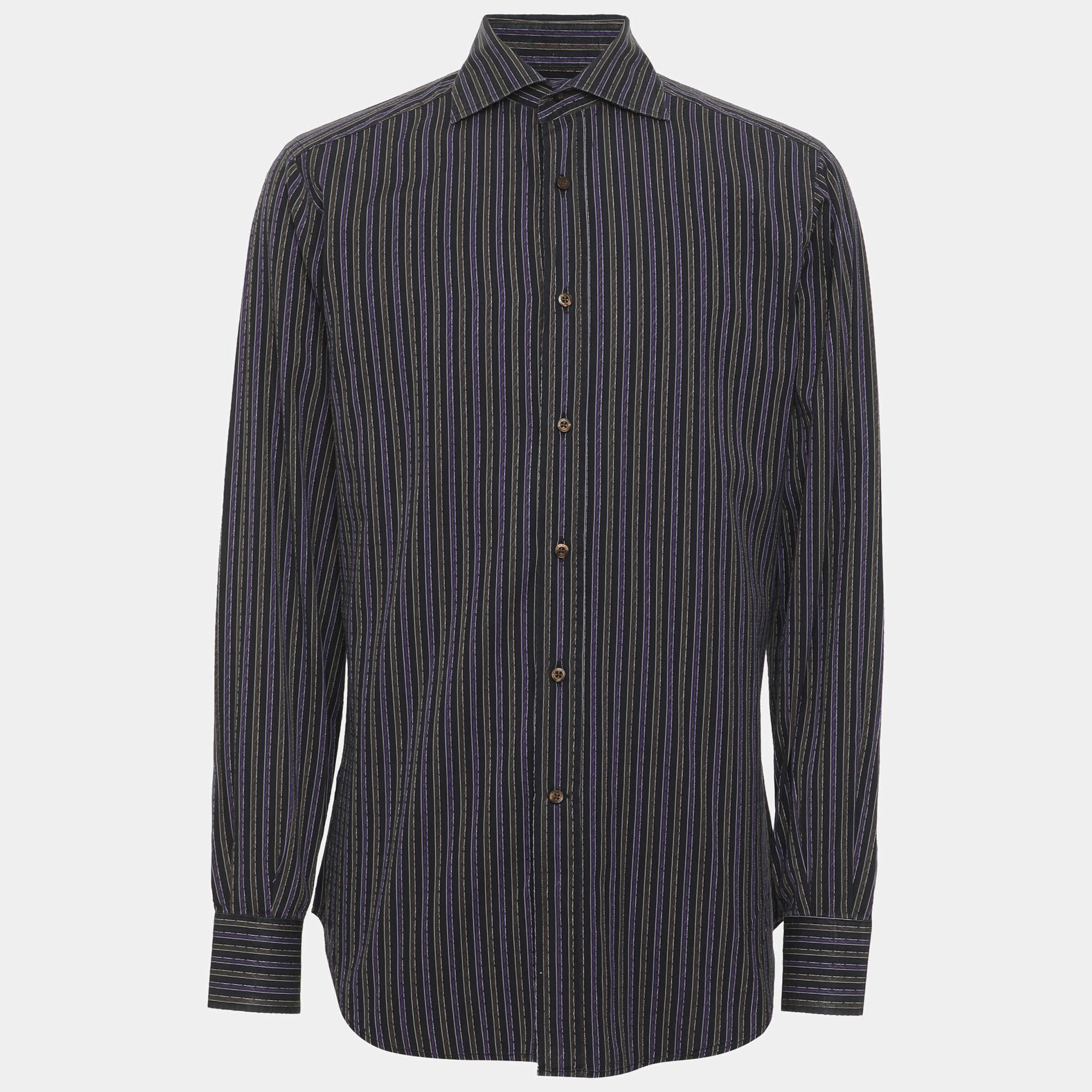 Pre Owned Etro Purple/Grey Cotton Stripe Long Sleeve Shirt S