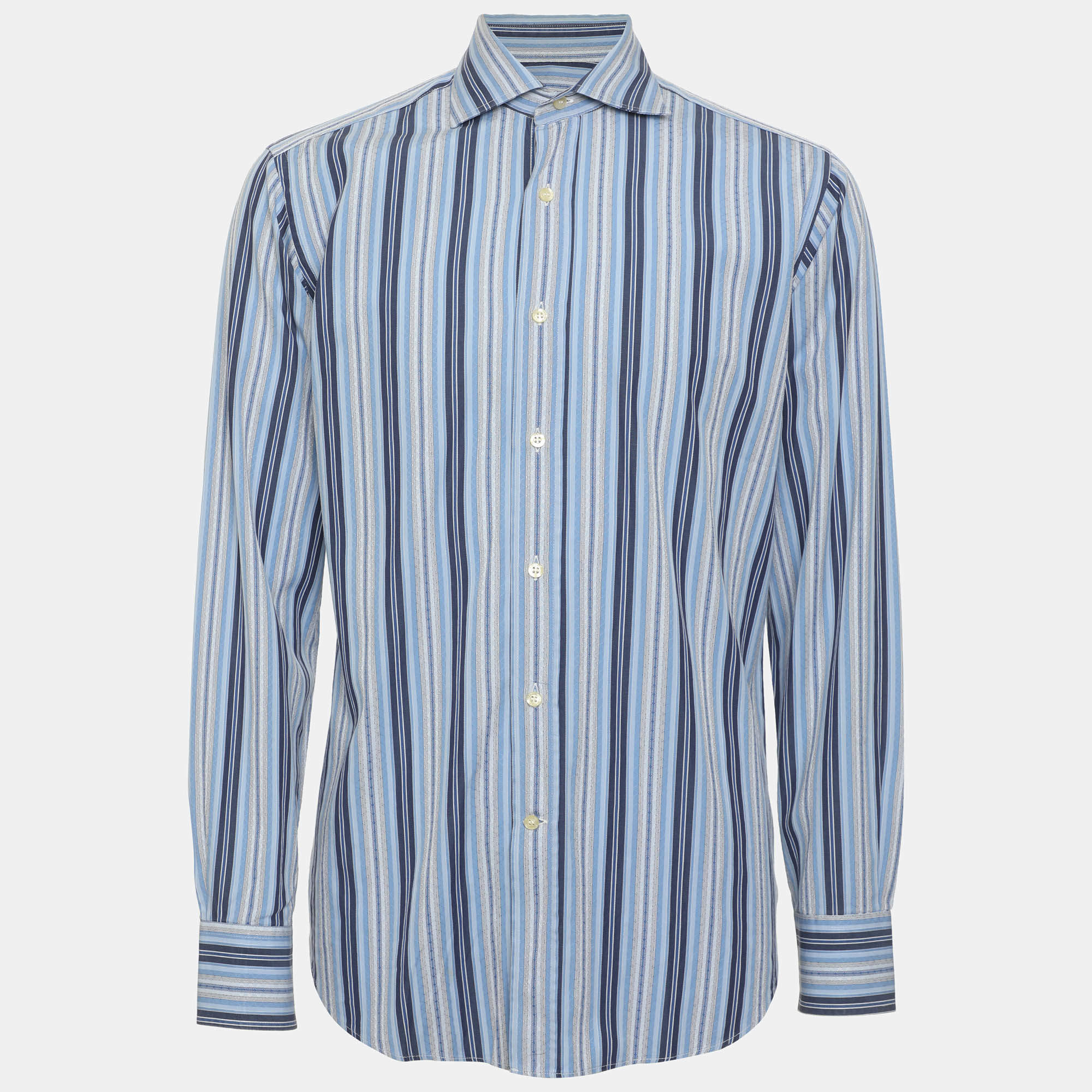 Pre Owned Etro Blue Cotton Stripe Long Sleeve Shirt S