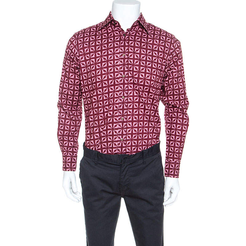 Pre Owned Etro Red Printed Cotton Long Sleeve Button Front Shirt M