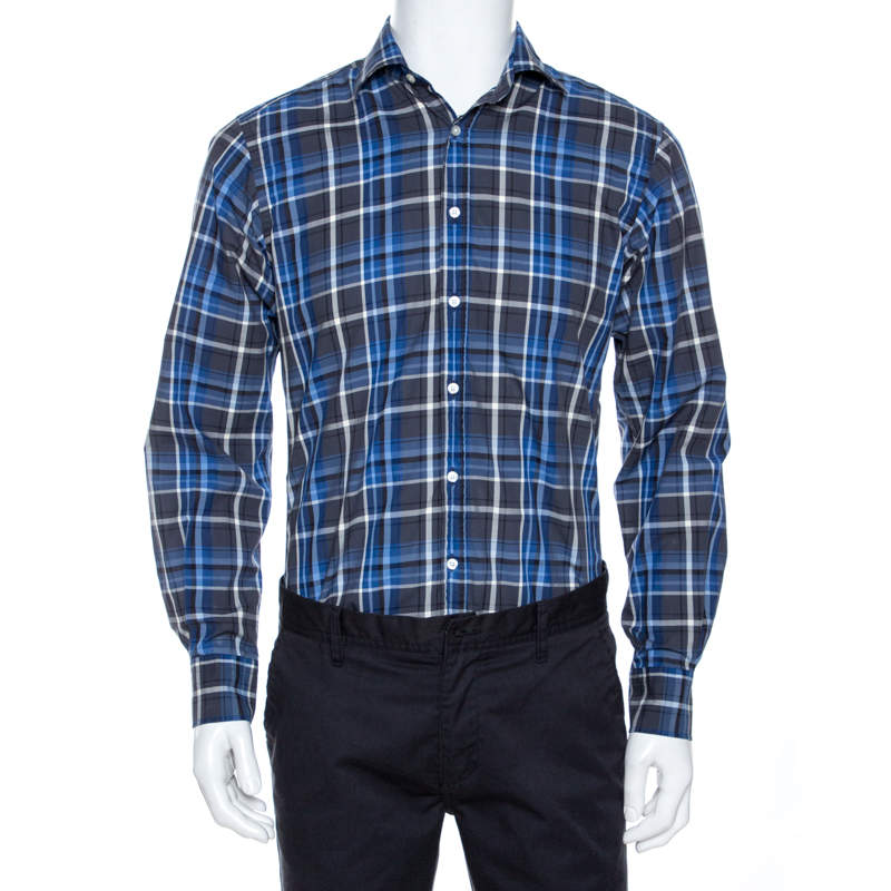 مملوكة مسبقًا قميص إيترو أكمام طويلة أزرار أمامية قطن كاروهات أزرق M