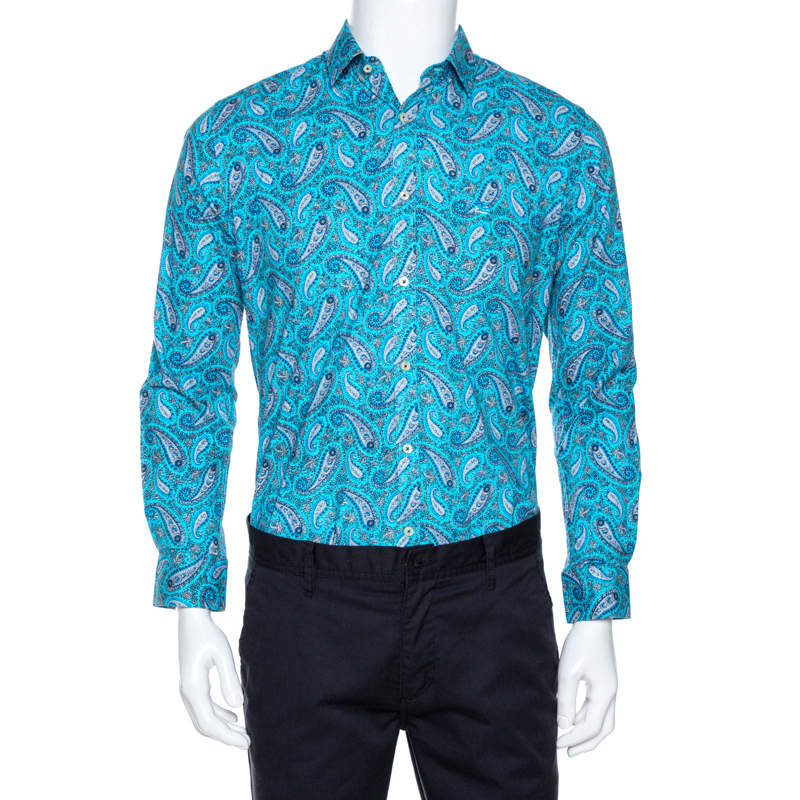 مملوكة مسبقًا Etro Blue Cotton Paisley Printed Button Front Shirt L