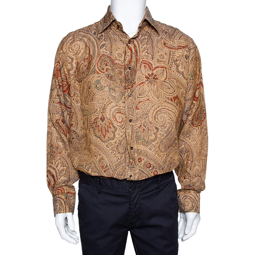 Pre Owned Etro Brown Linen Paisley Print Button Front Shirt XL 