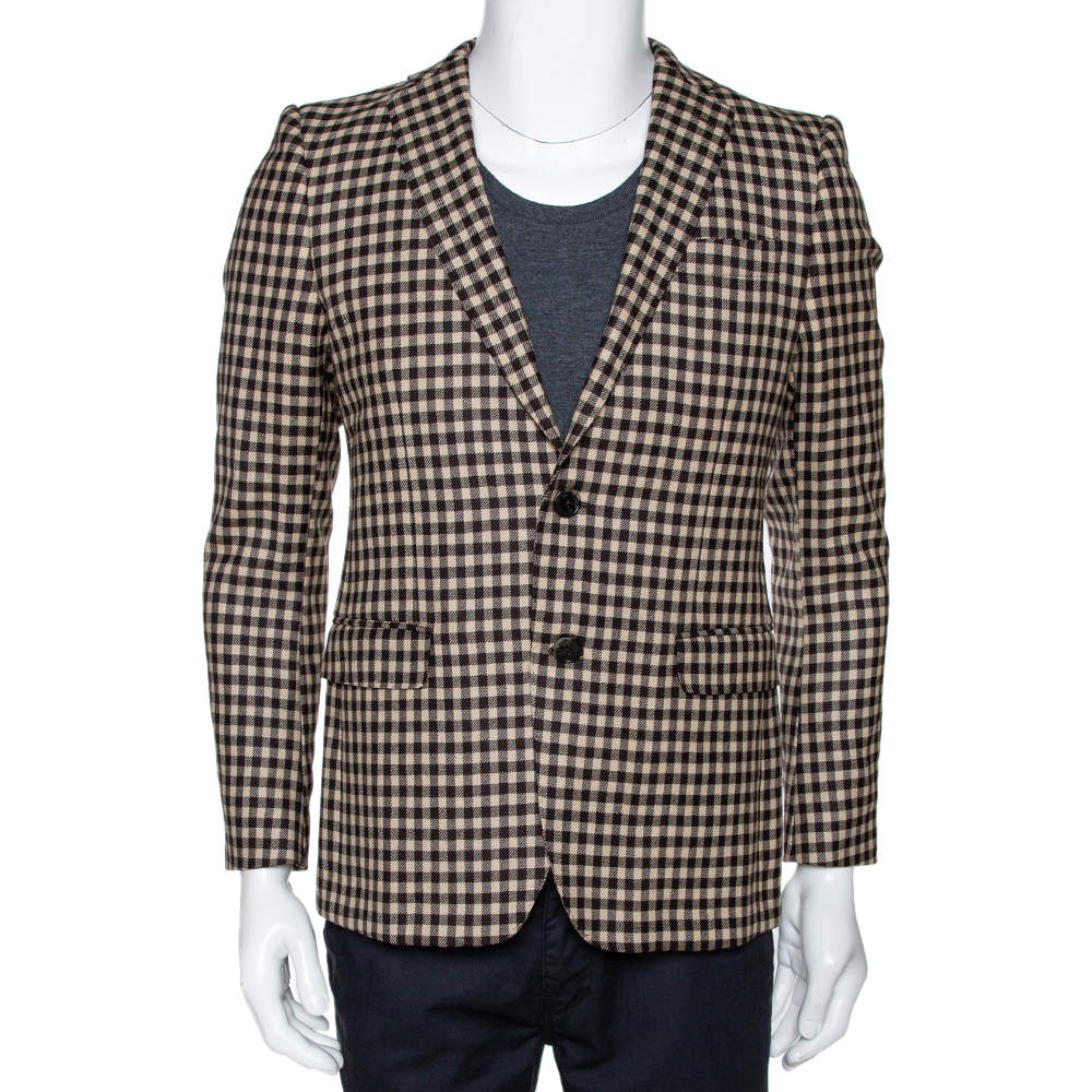 Pre Owned Etro Brown & Beige Gingham Check Wool Two Buttoned Jacket S