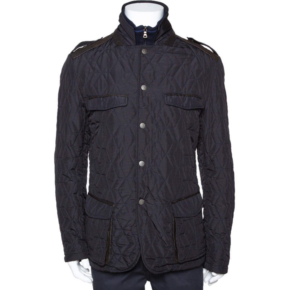 Pre Owned Etro Grey Houndstooth Diamond Quilted Leather Trim Jacket XL