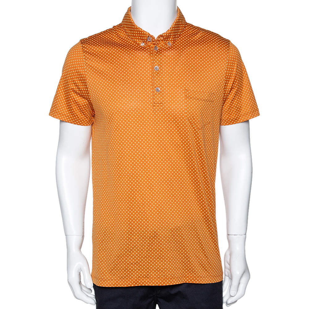 Pre Owned Etro Amber Orange Geometric Printed Cotton Polo T-Shirt L